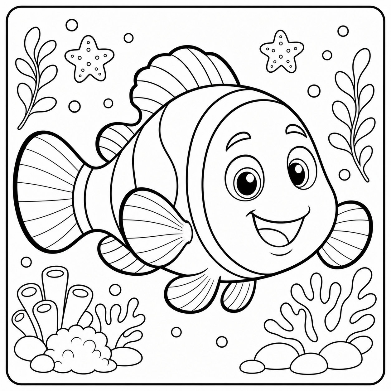 Free AI coloring page: a clownfish in a coral reef — black and white printable line art