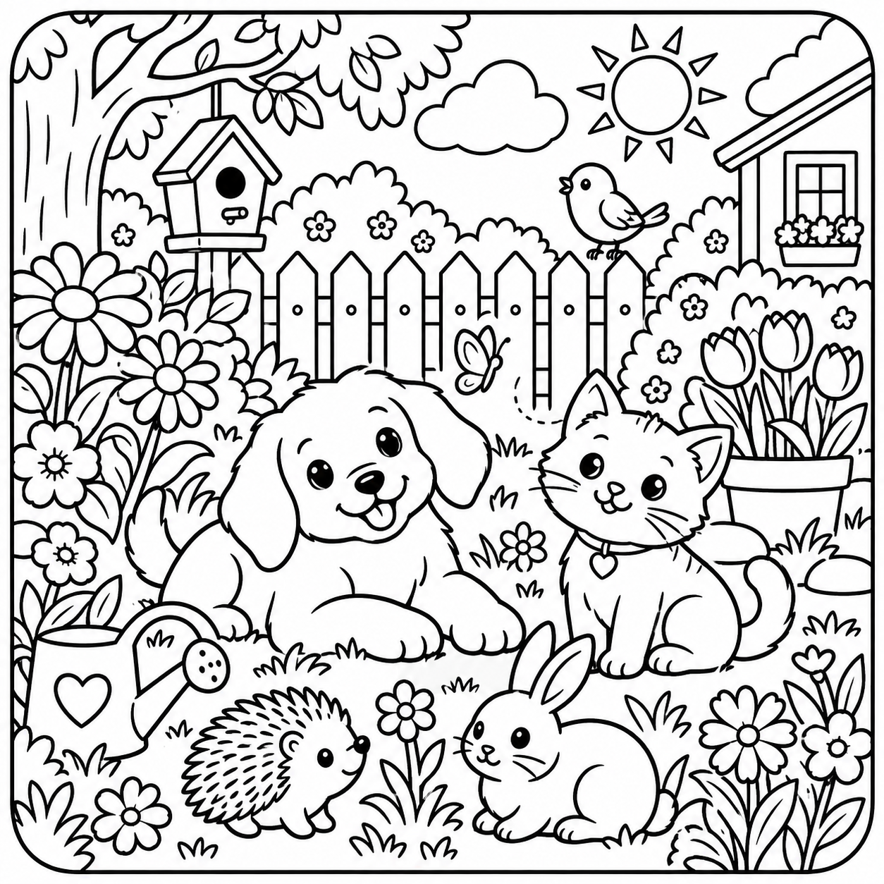 AI coloring page: I want you put in a square with round corners a drawing of a garden  with some a — free printable line art