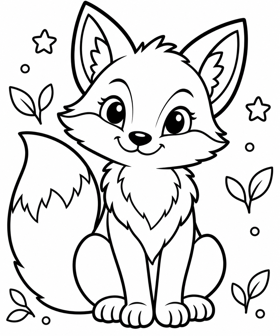 AI coloring page: Uroczy lis siedzący, wyrażnie rozpoznawalny po szpiczastych uszach i dużym puszy — free printable line art