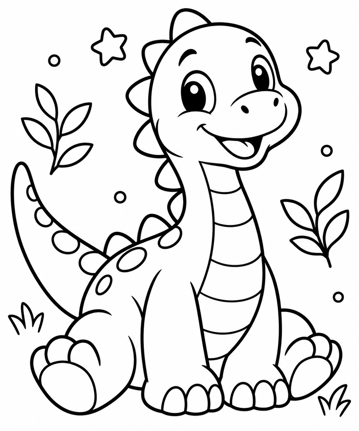 AI coloring page: Uroczy mały dinozaur siedzący, wyrażnie rozpoznawalny, przyjazny i prosty. Prost — free printable line art