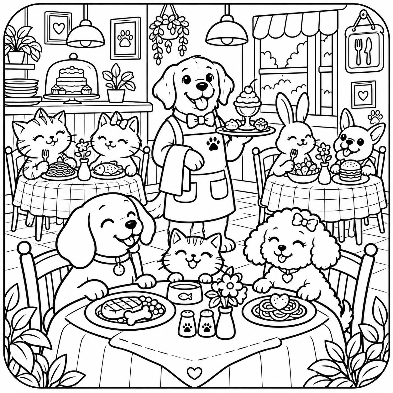AI coloring page: I want you put in a square with round corners a drawing of a cozy restaurant wit — free printable line art