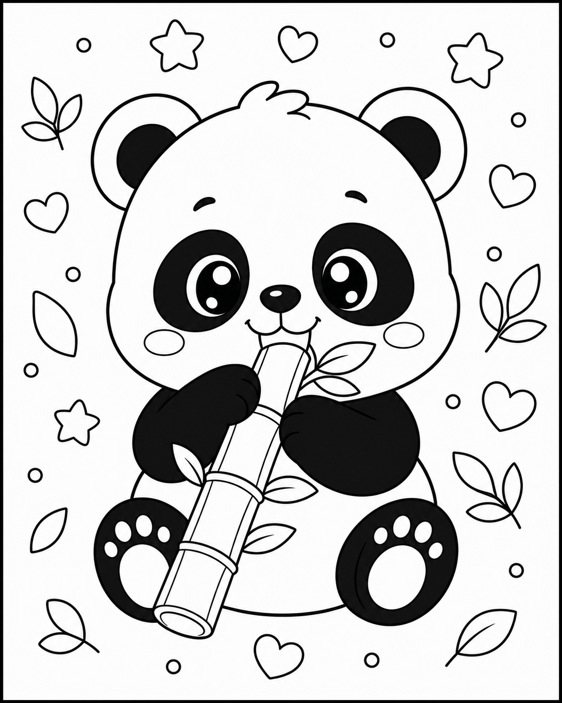 Free AI coloring page: a cute baby panda eating bamboo — black and white printable line art