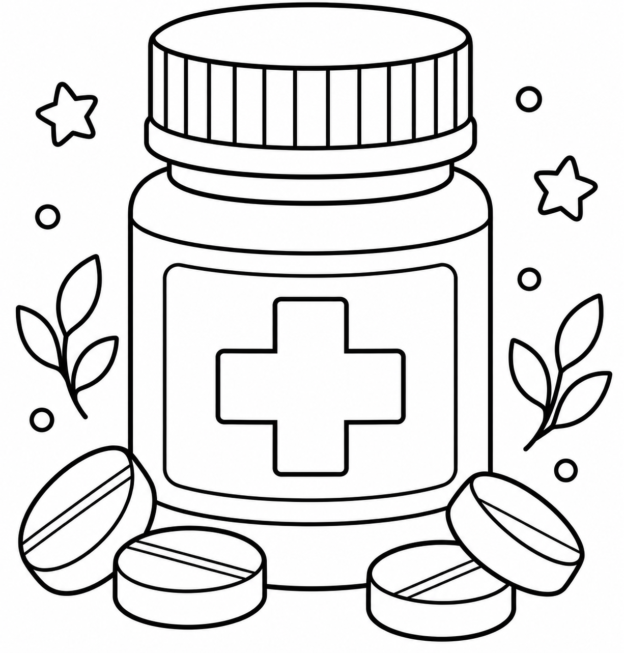 AI coloring page: Tablets in a container with a medical cross on the label — free printable line art