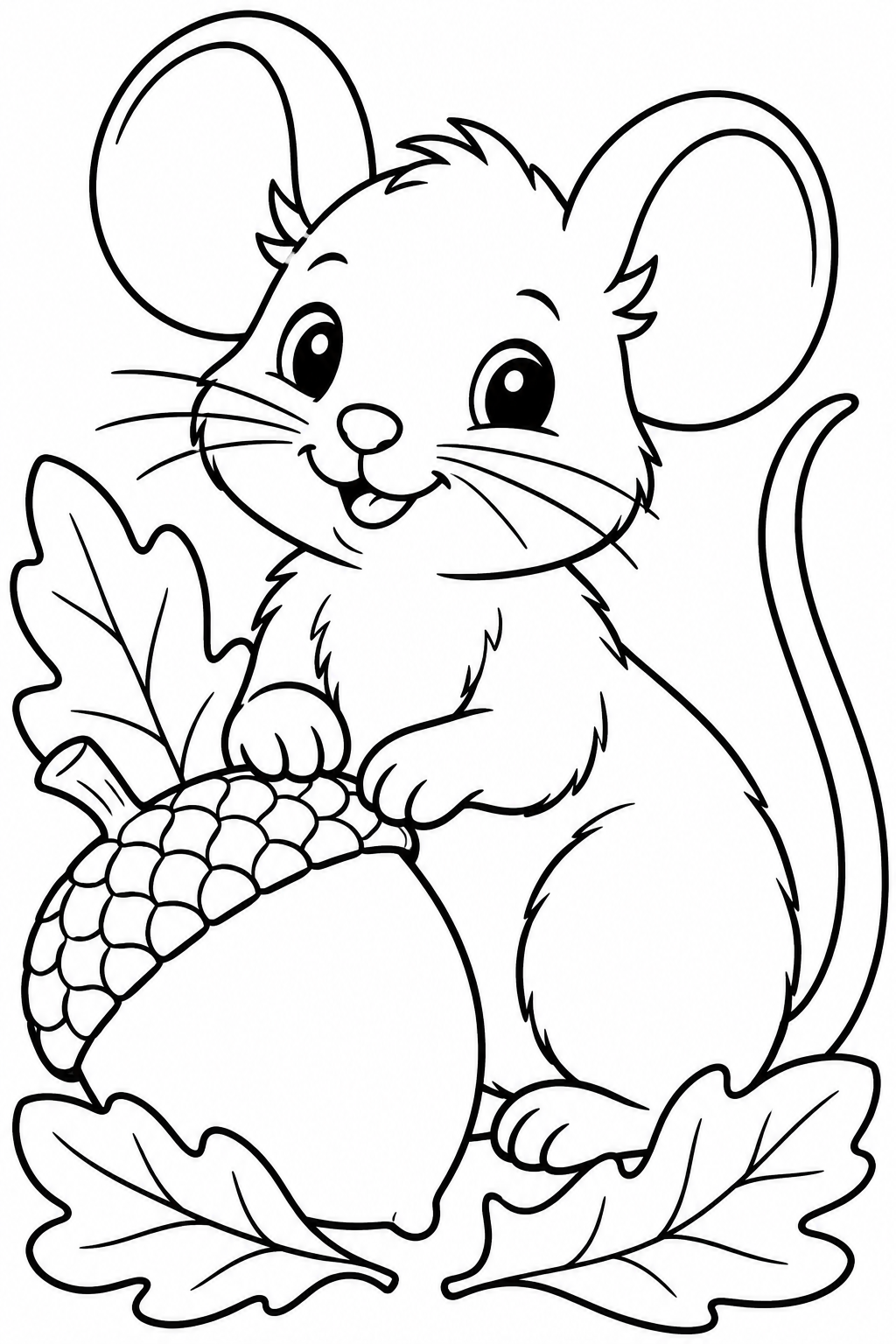 AI coloring page: Cute woodland mouse sitting beside a large acorn and a few simple leaves. Kids c — free printable line art