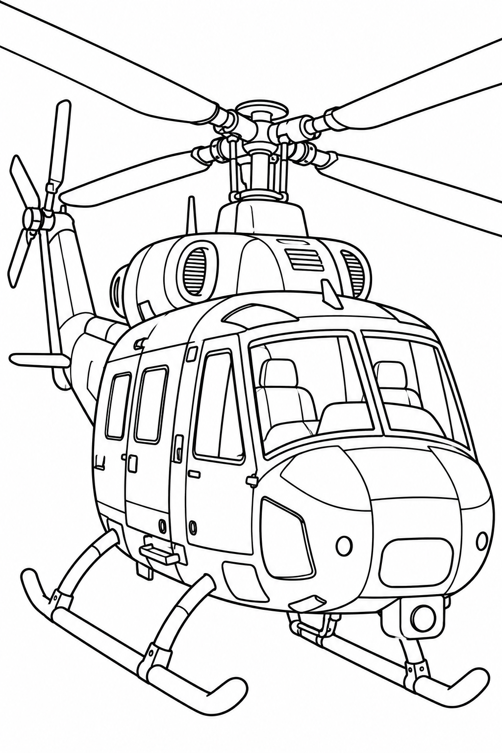 AI coloring page: Original fictional military helicopter coloring page, front three-quarter view,  — free printable line art