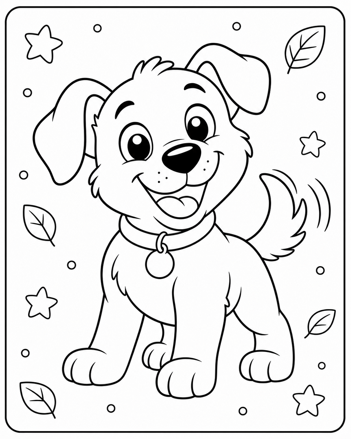 Free AI coloring page: a happy puppy wagging its tail — black and white printable line art
