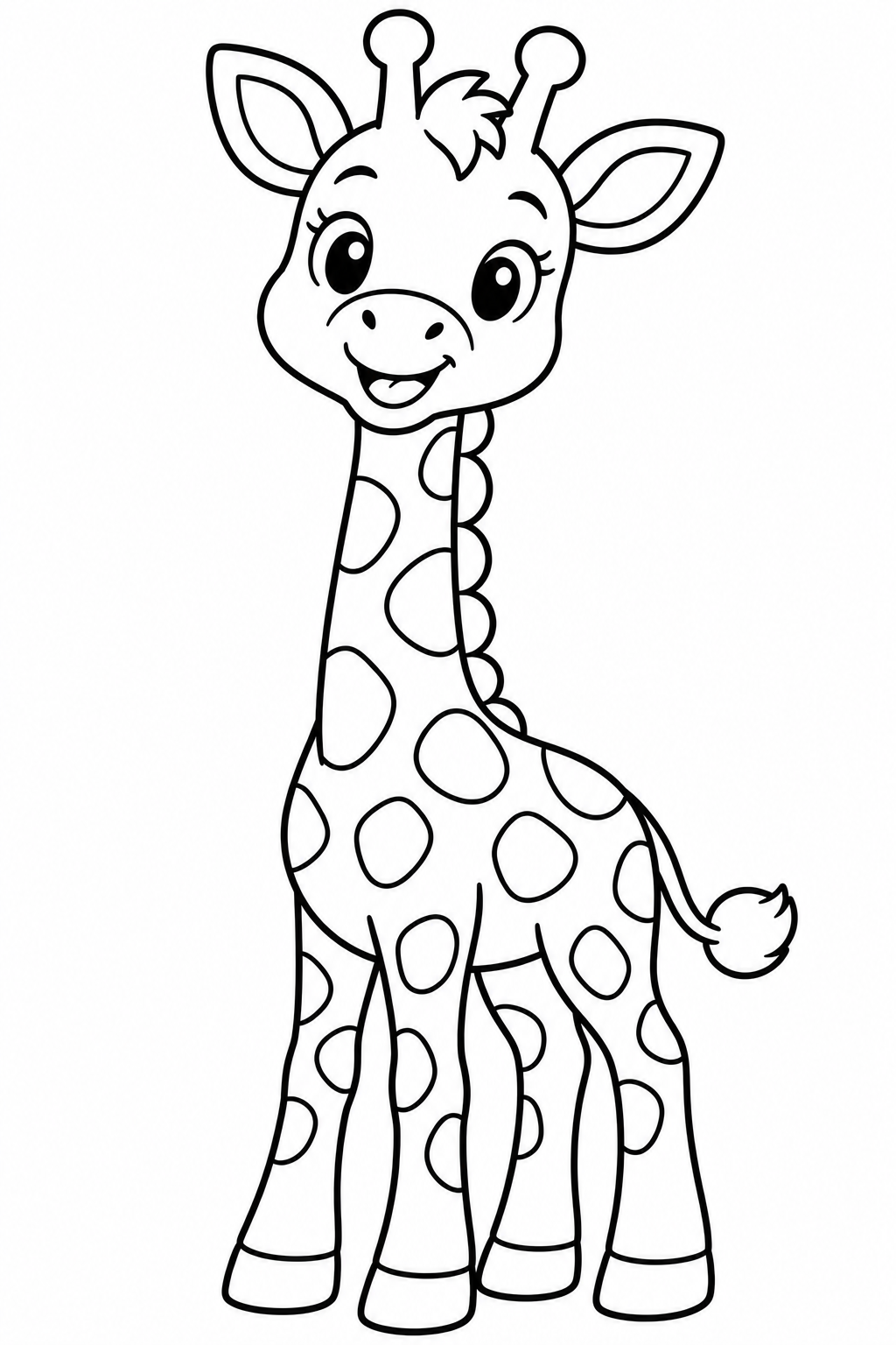 AI coloring page: Create a cute baby giraffe colouring page for preschool children aged 3–6. Full- — free printable line art