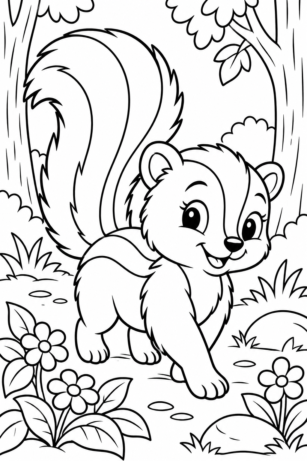 AI coloring page: Cute skunk walking through a simple woodland clearing with a few flowers and lea — free printable line art