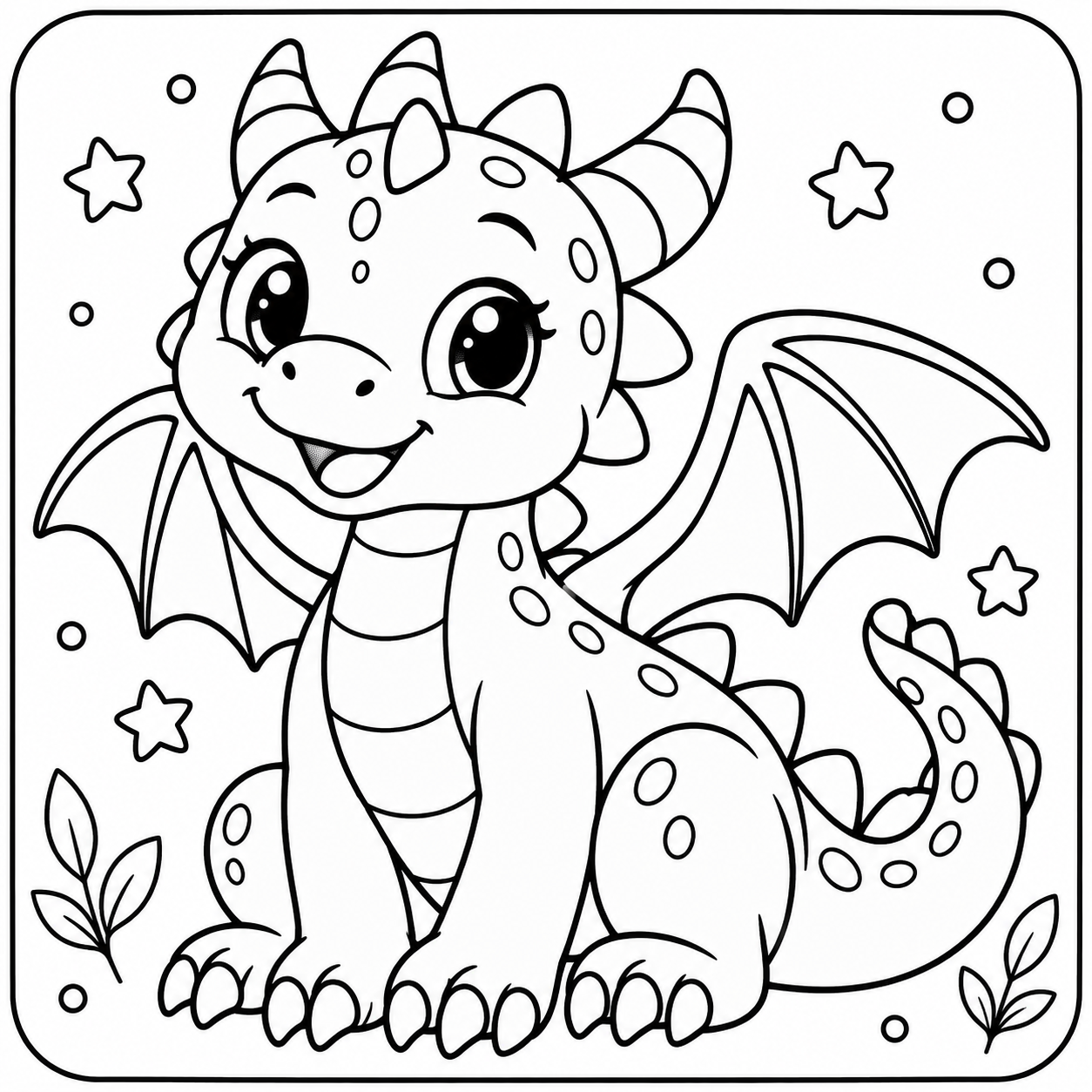 AI coloring page: I want you put in a square with round corners a drawing of a cute dragon don’t p — free printable line art