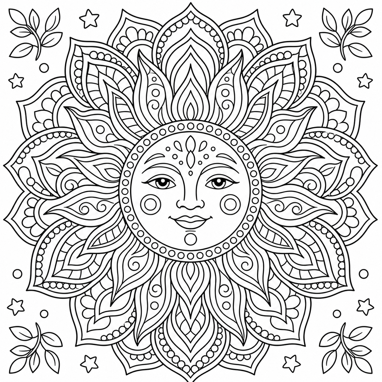 Free AI coloring page: a sun mandala radiating outward — black and white printable line art