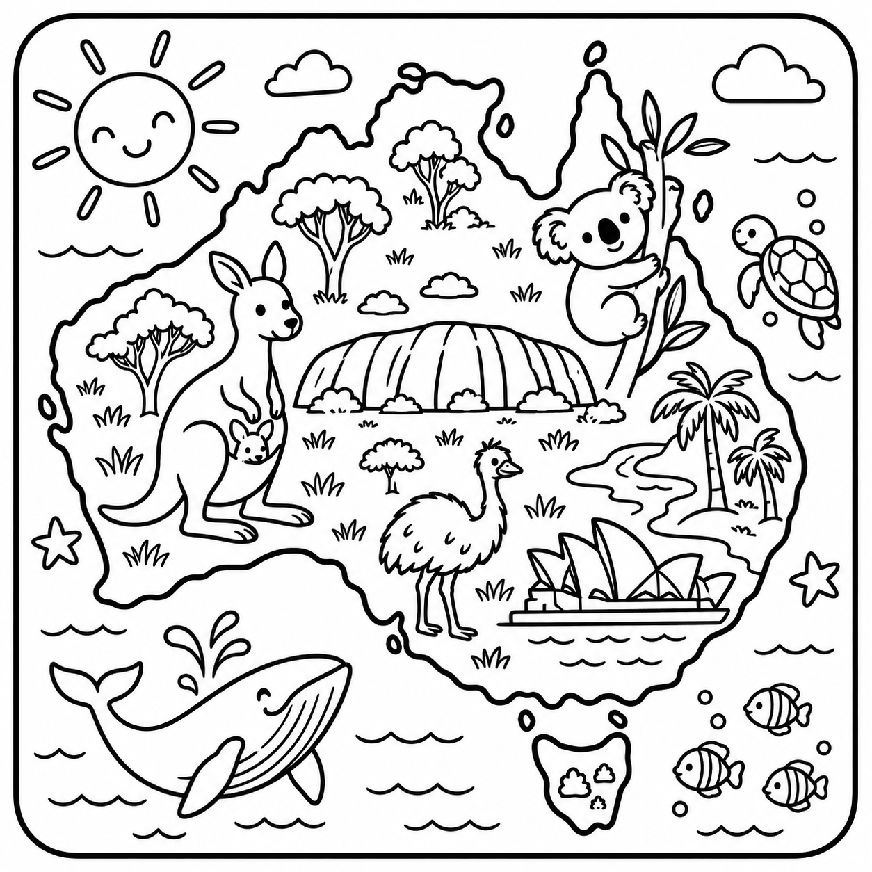 AI coloring page: I want you put in a square with round corners a drawing of Australia don’t put a — free printable line art