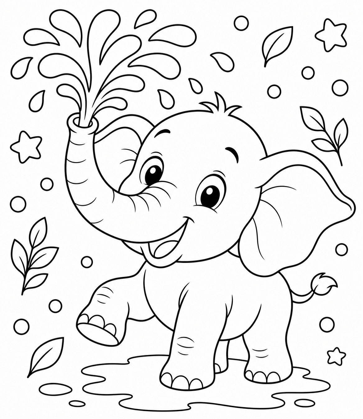 Free AI coloring page: a baby elephant spraying water — black and white printable line art