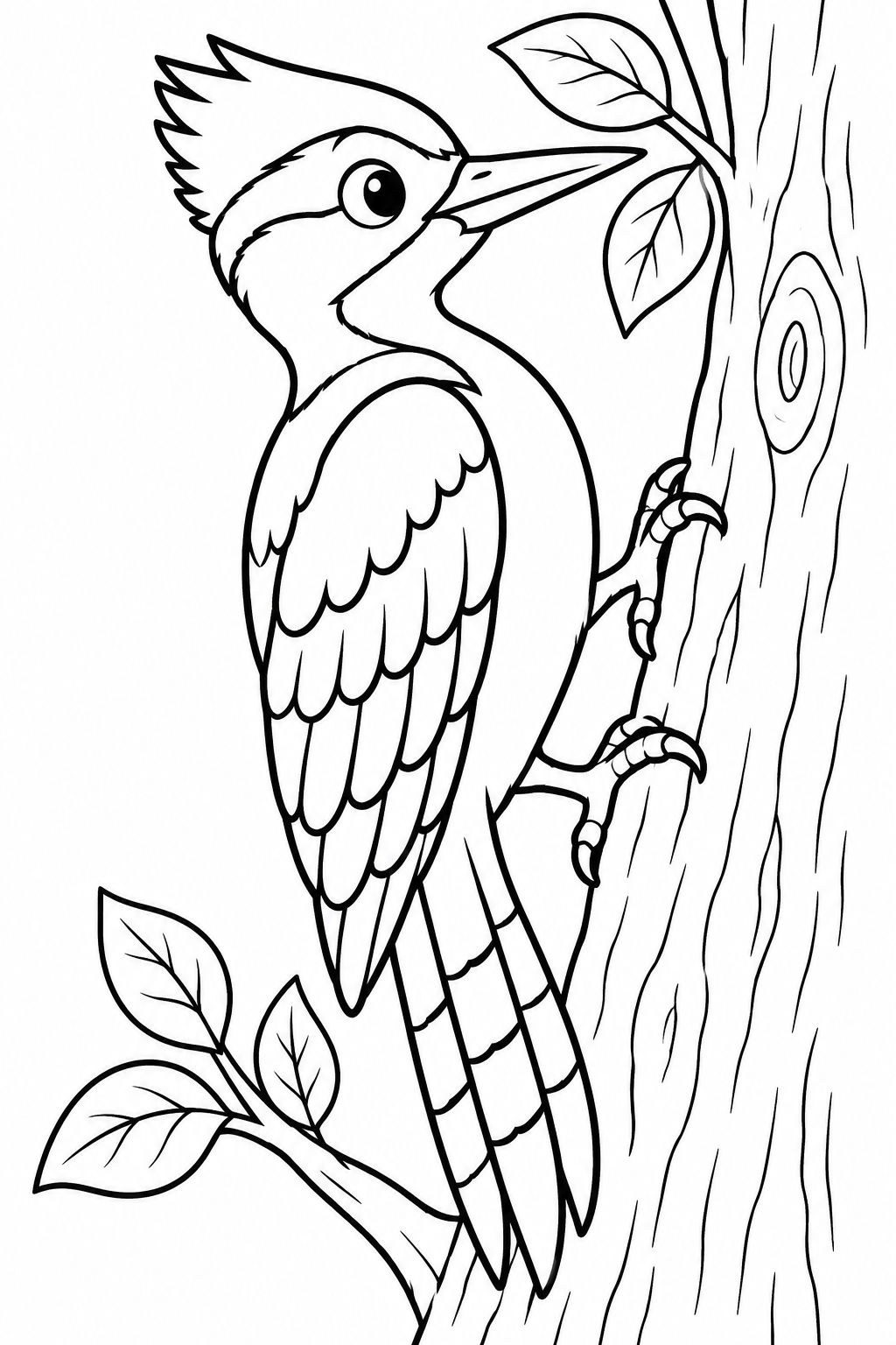 AI coloring page: Cute woodpecker perched on a tree branch with a few leaves around it. Kids color — free printable line art