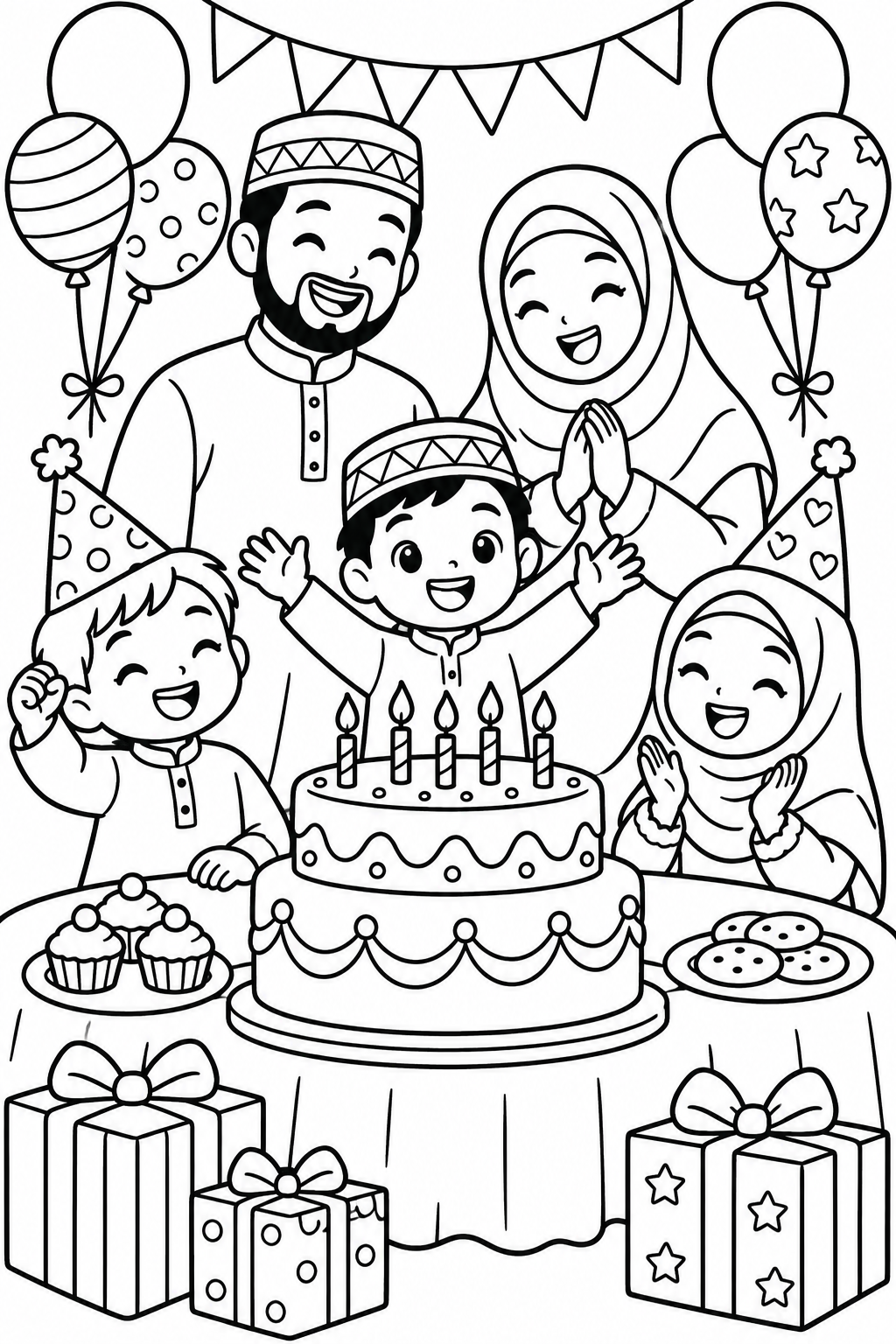 AI coloring page: Islamic coloring book page for children ages 3-8, black and white line art only, — free printable line art