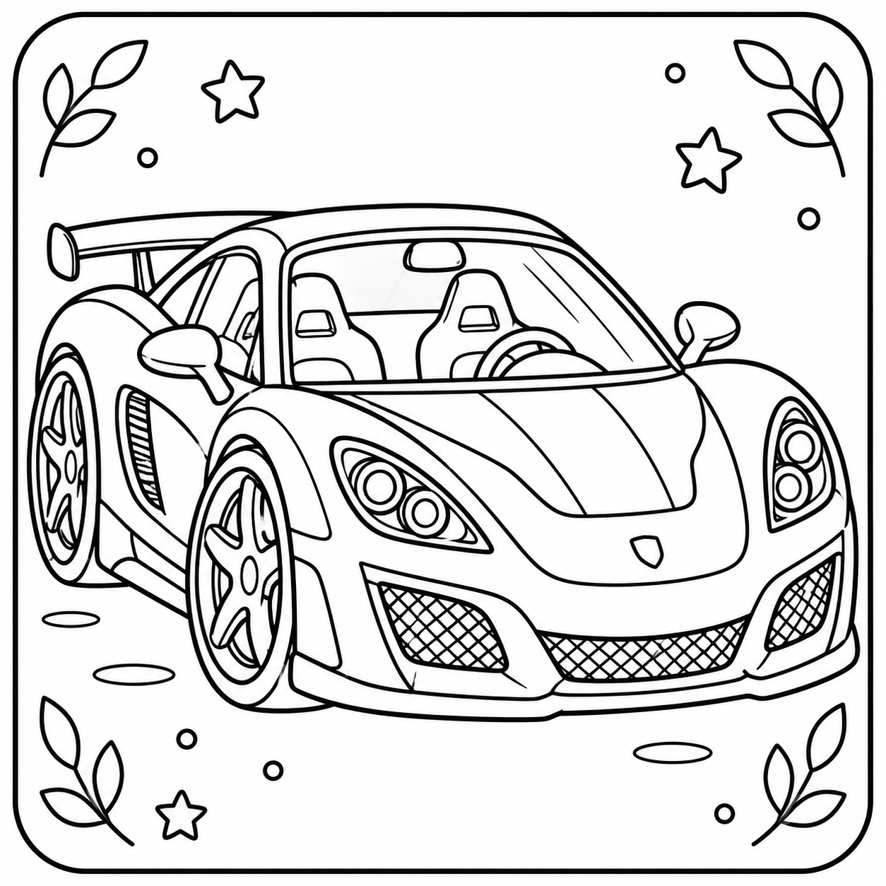 AI coloring page: I want you put in a square with round corners a drawing of sport car don’t put a — free printable line art