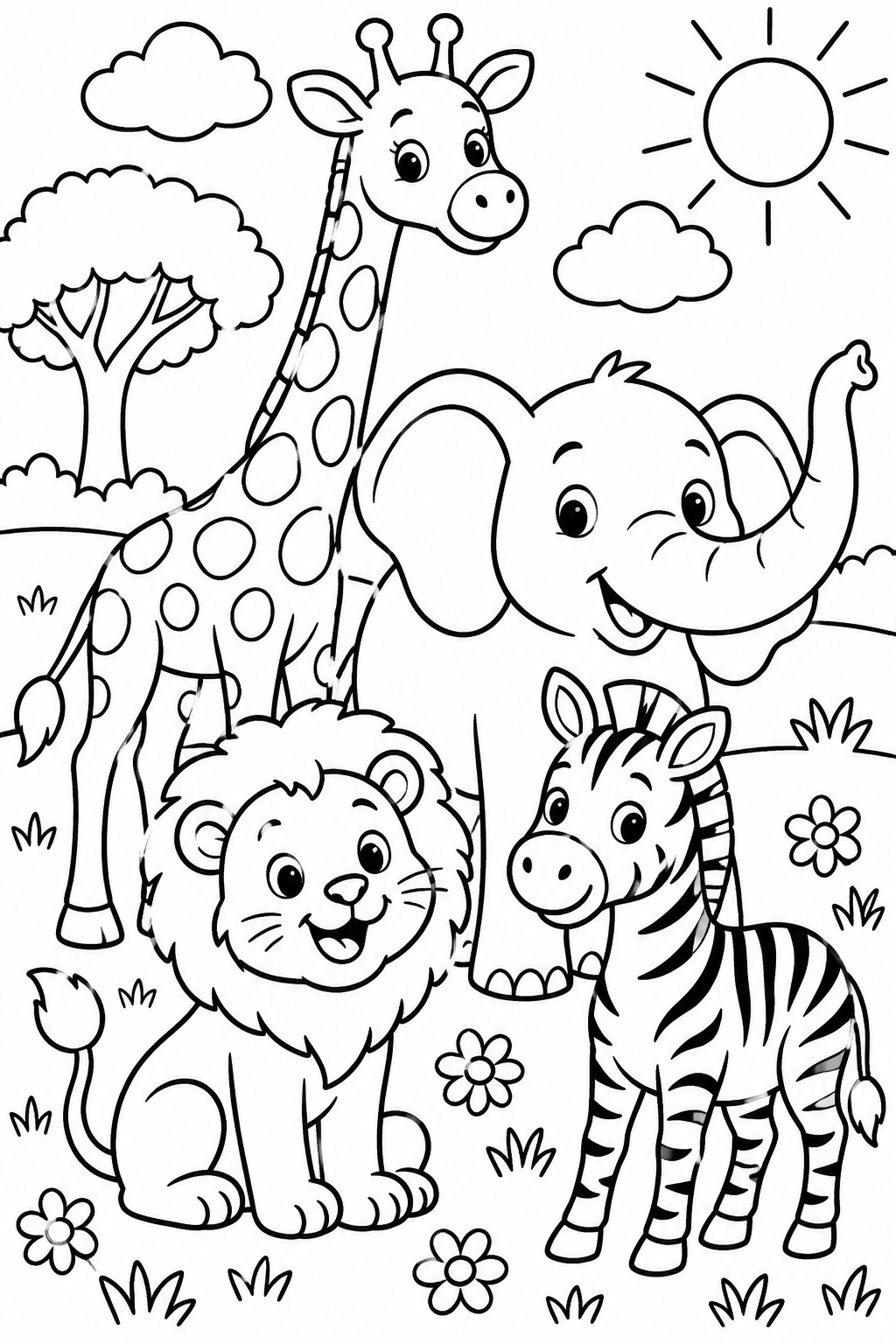 AI coloring page: Cute lion, elephant, giraffe and zebra exploring a simple sunny meadow. Include  — free printable line art