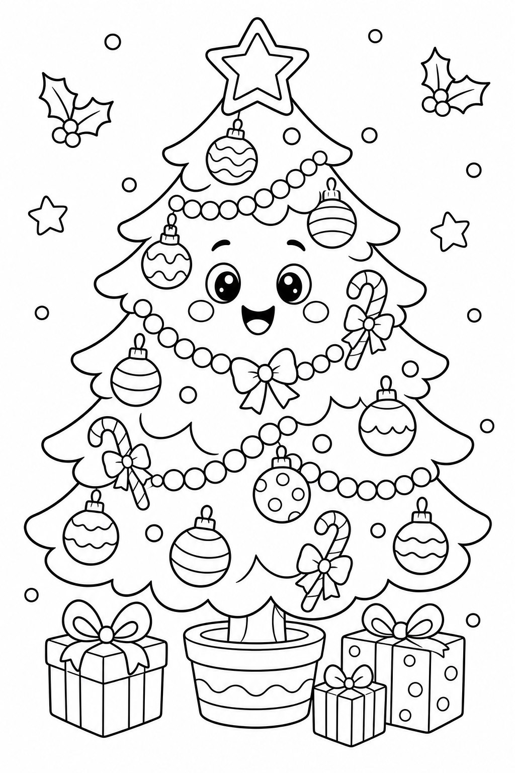 Free AI coloring page: a Christmas tree with ornaments — black and white printable line art