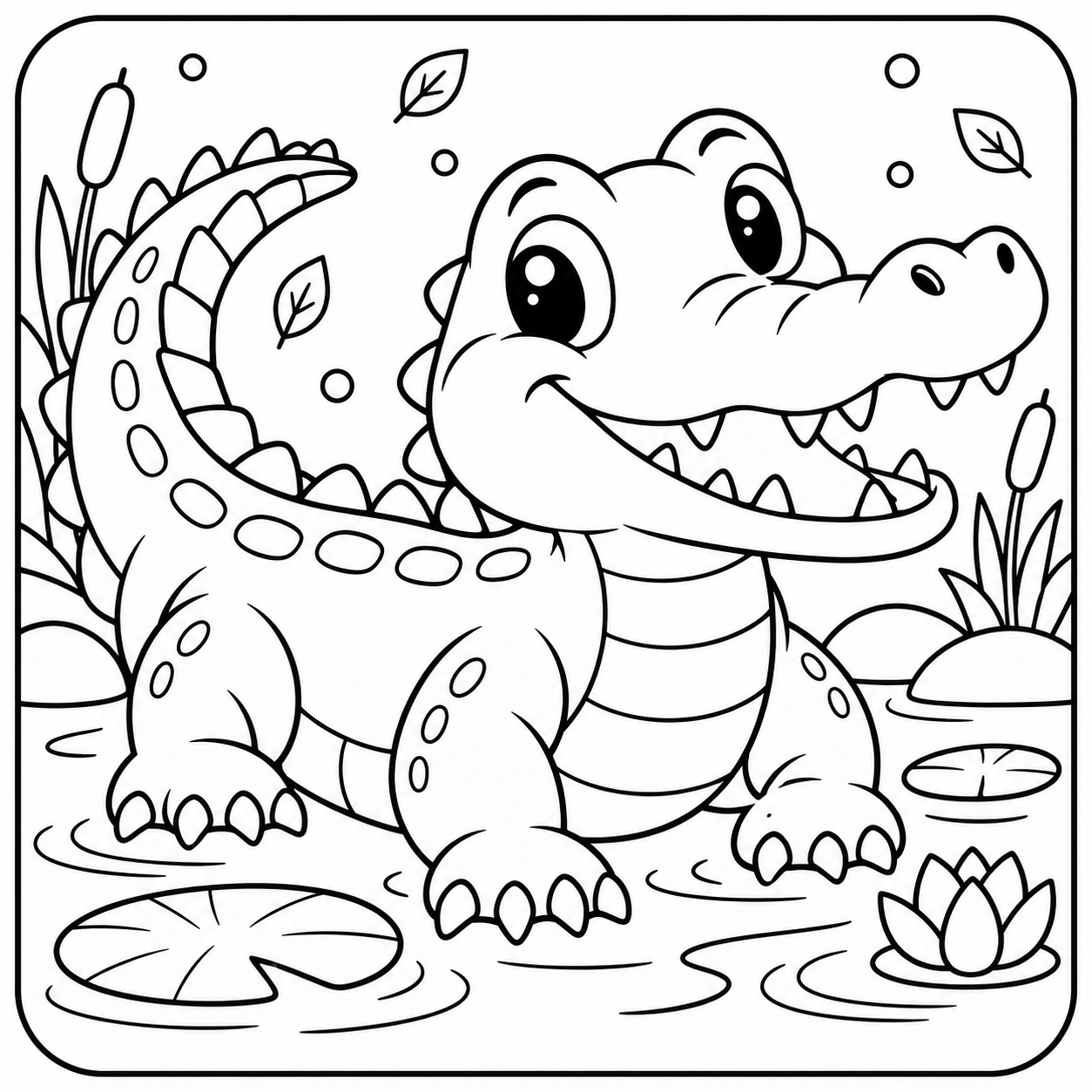 AI coloring page: I want you put in a square with round corners a drawing of crocodile don’t put a — free printable line art