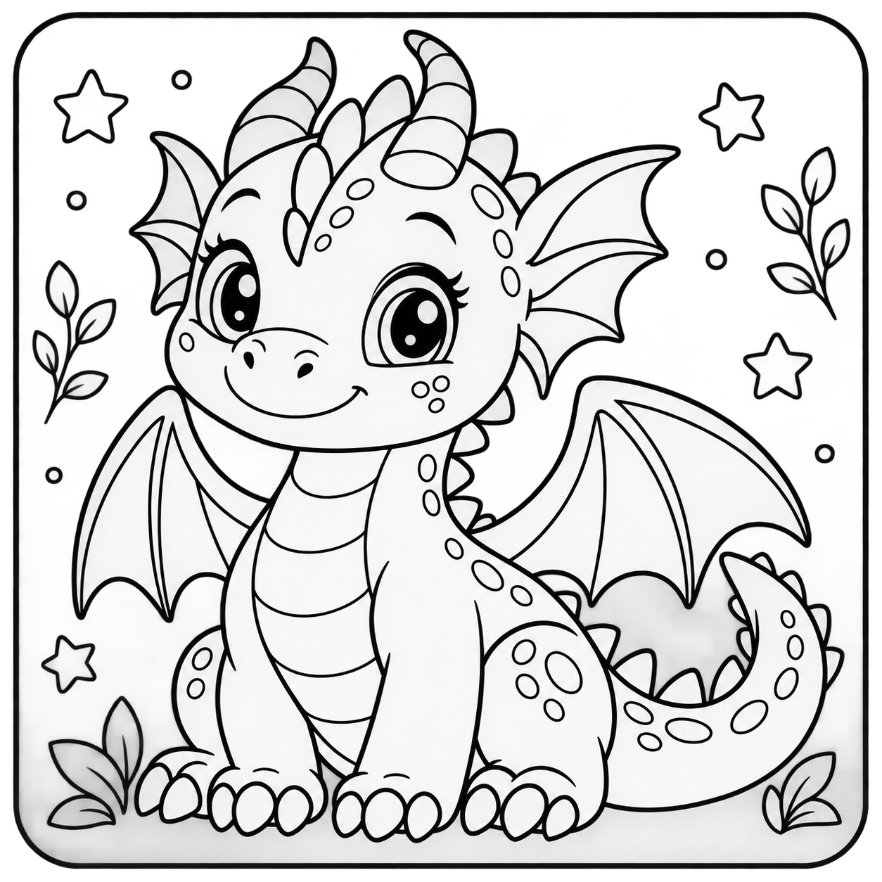 AI coloring page: I want you put in a square with round corners a drawing of a dragon don’t put an — free printable line art