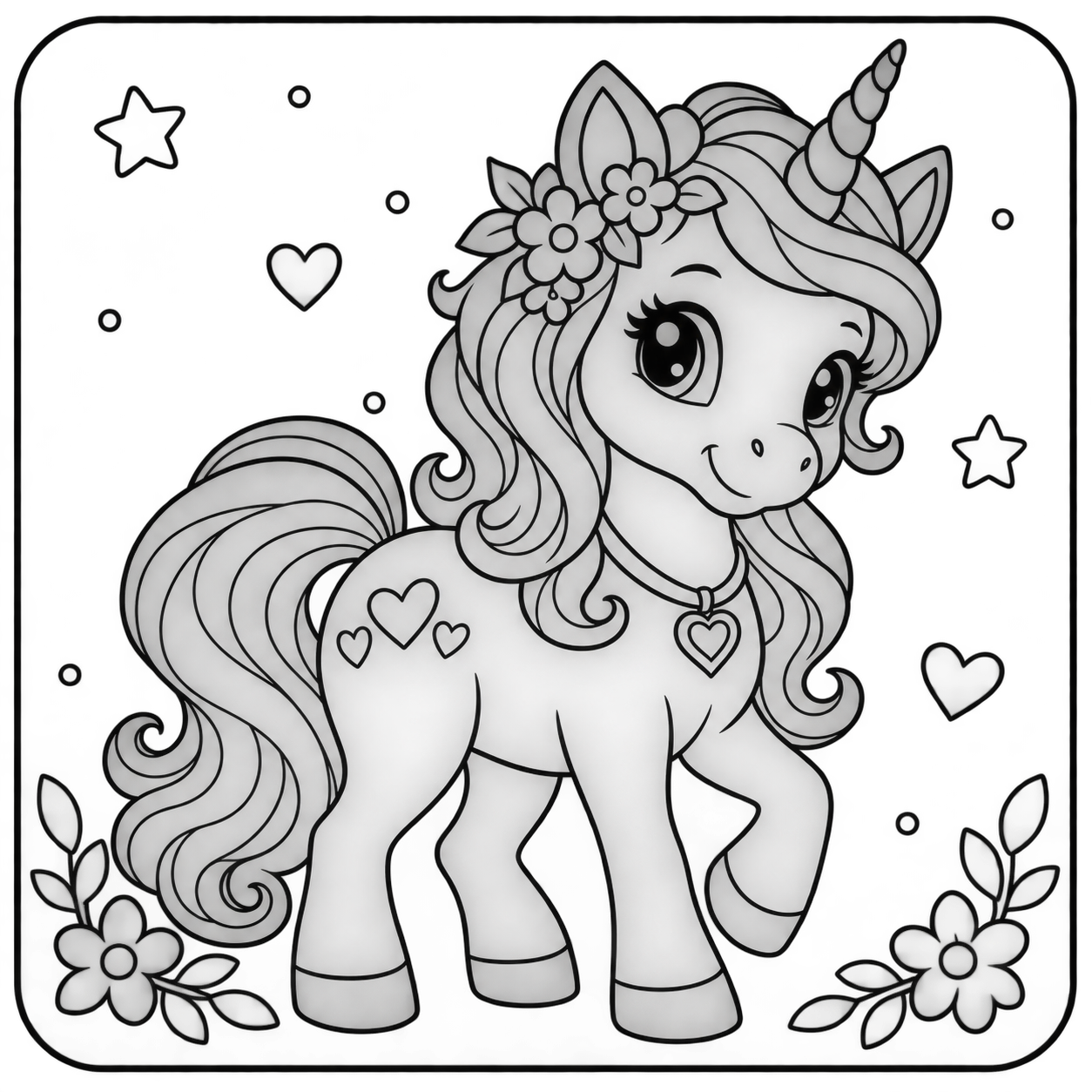 AI coloring page: I want you put in a square with round corners a drawing of a unicorn don’t put a — free printable line art
