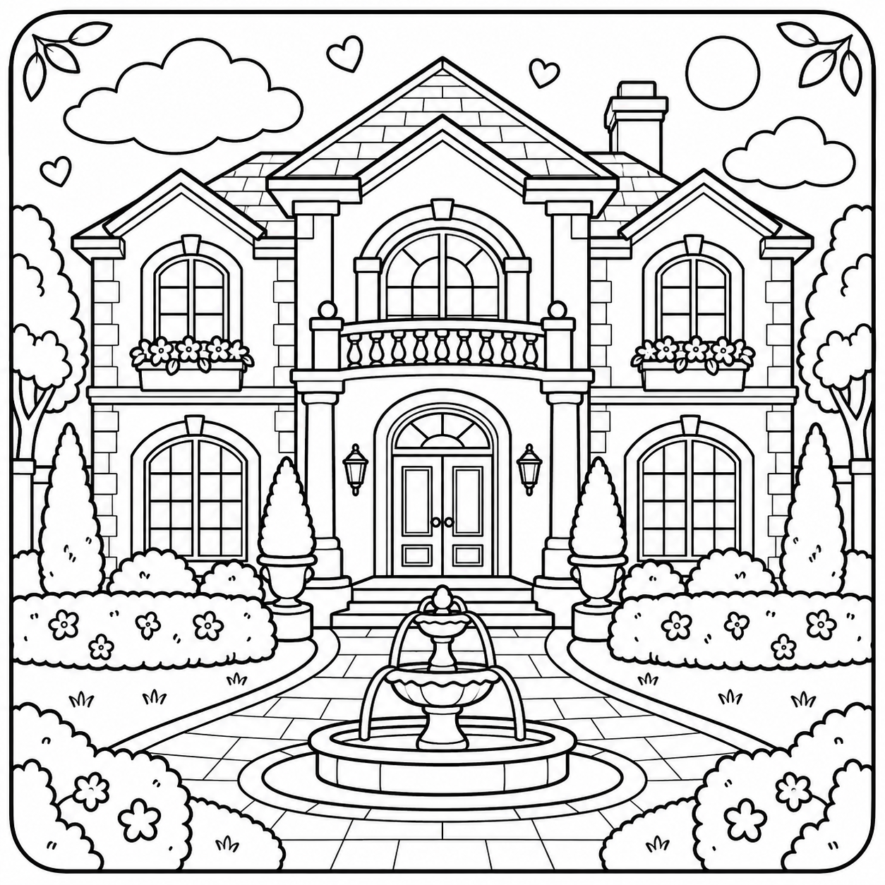 AI coloring page: I want you put in a square with round corners a drawing of a luxury house don’t  — free printable line art