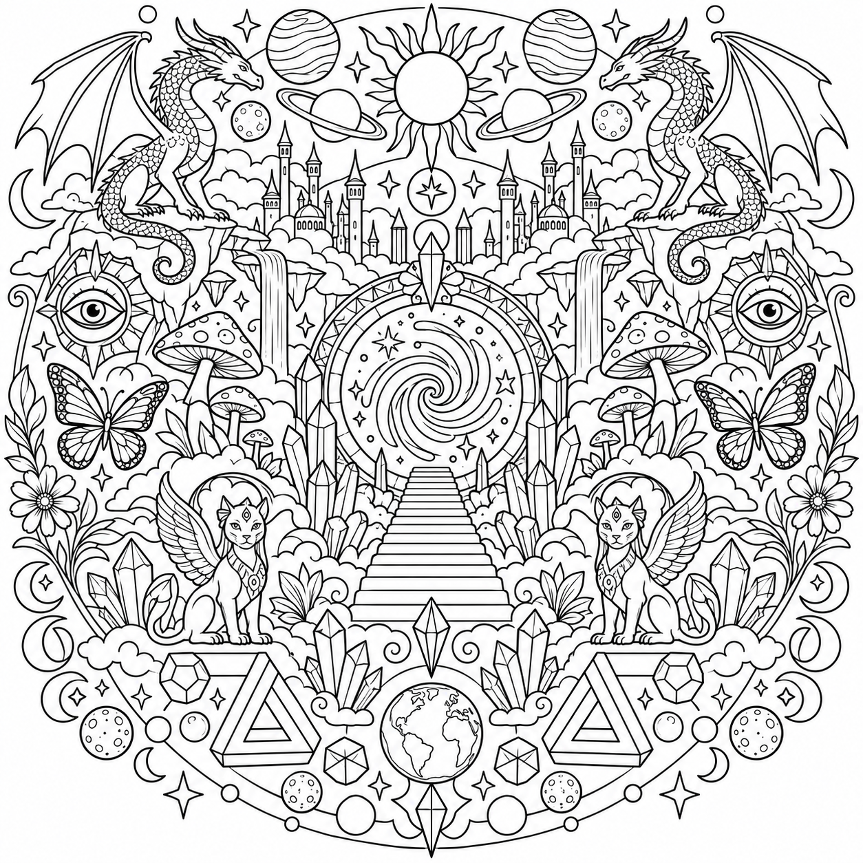 AI coloring page: Trippy psychedelic fantasy world with a giant mystical portal, mushrooms, dragon — free printable line art
