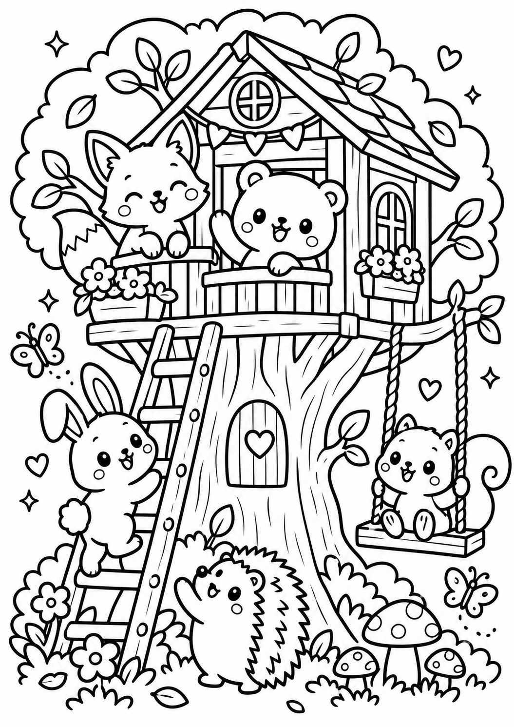 AI coloring page: Cute bunny, fox, bear, squirrel and hedgehog exploring a magical woodland treeho — free printable line art