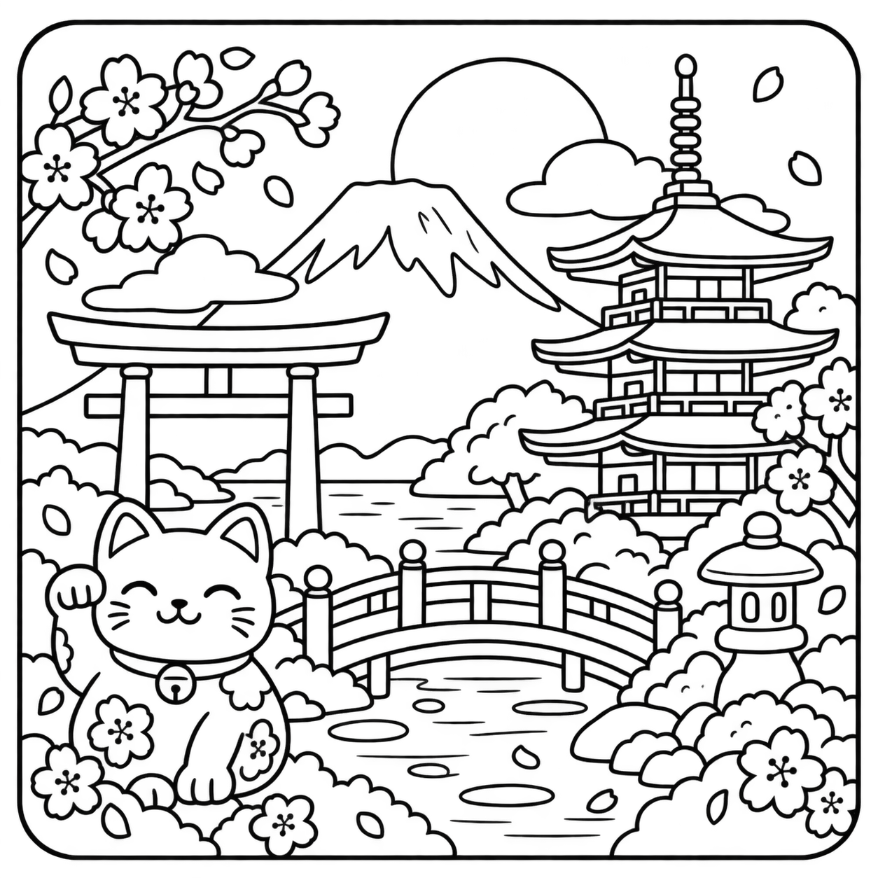 AI coloring page: I want you put in a square with round corners a drawing of japan don’t put any c — free printable line art