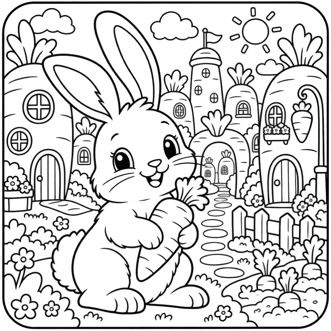 AI coloring page: I want you put in a square with round corners a drawing of bunny don’t put any c — free printable line art