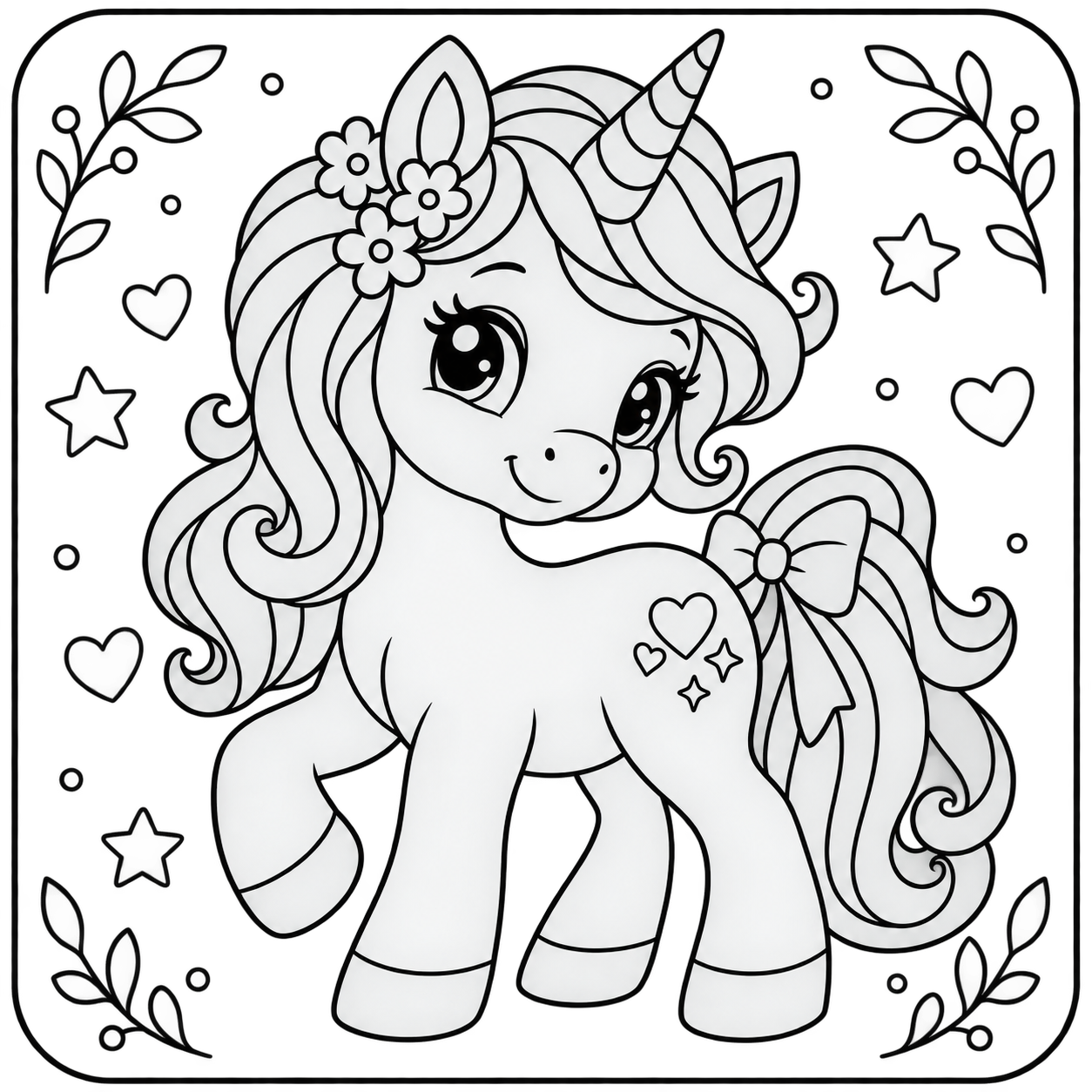 AI coloring page: I want you put in a square with round corners a drawing of a cute unicorn don’t  — free printable line art