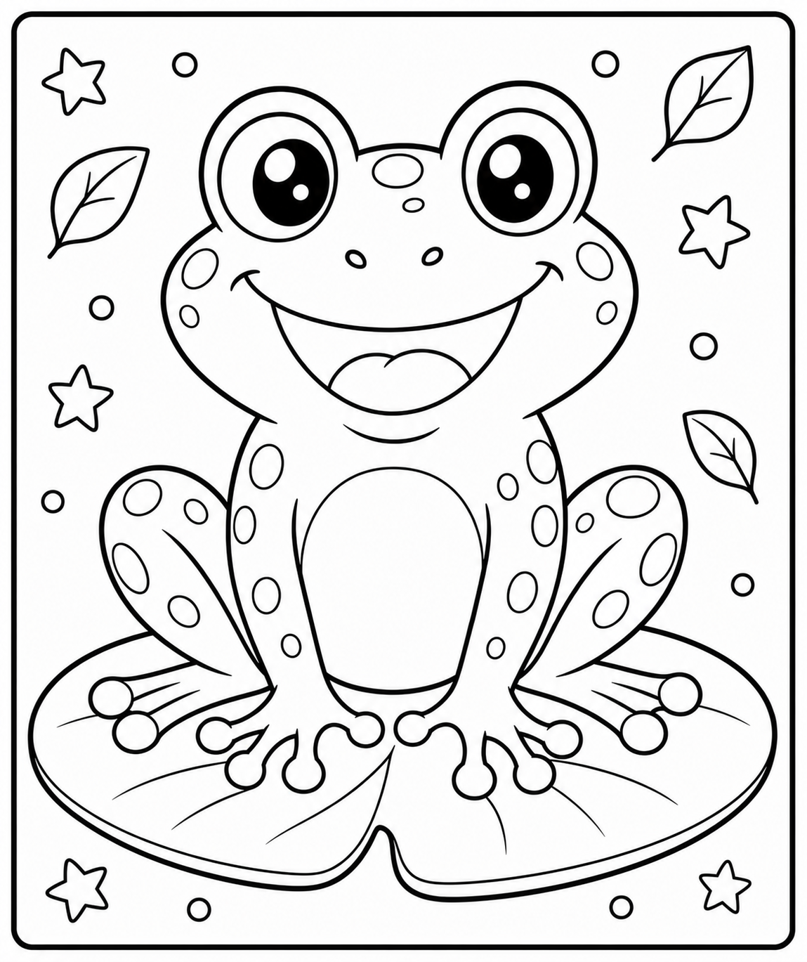 Free AI coloring page: a smiling frog sitting on a lily pad — black and white printable line art