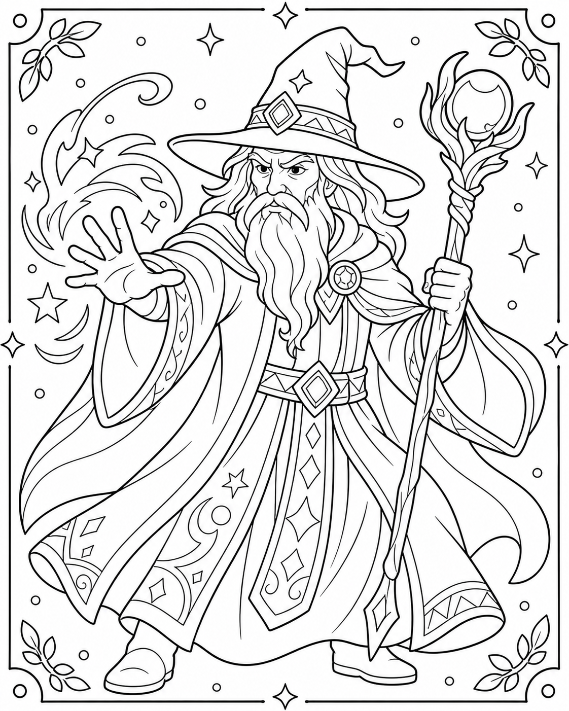 Free AI coloring page: a wizard casting a spell — black and white printable line art