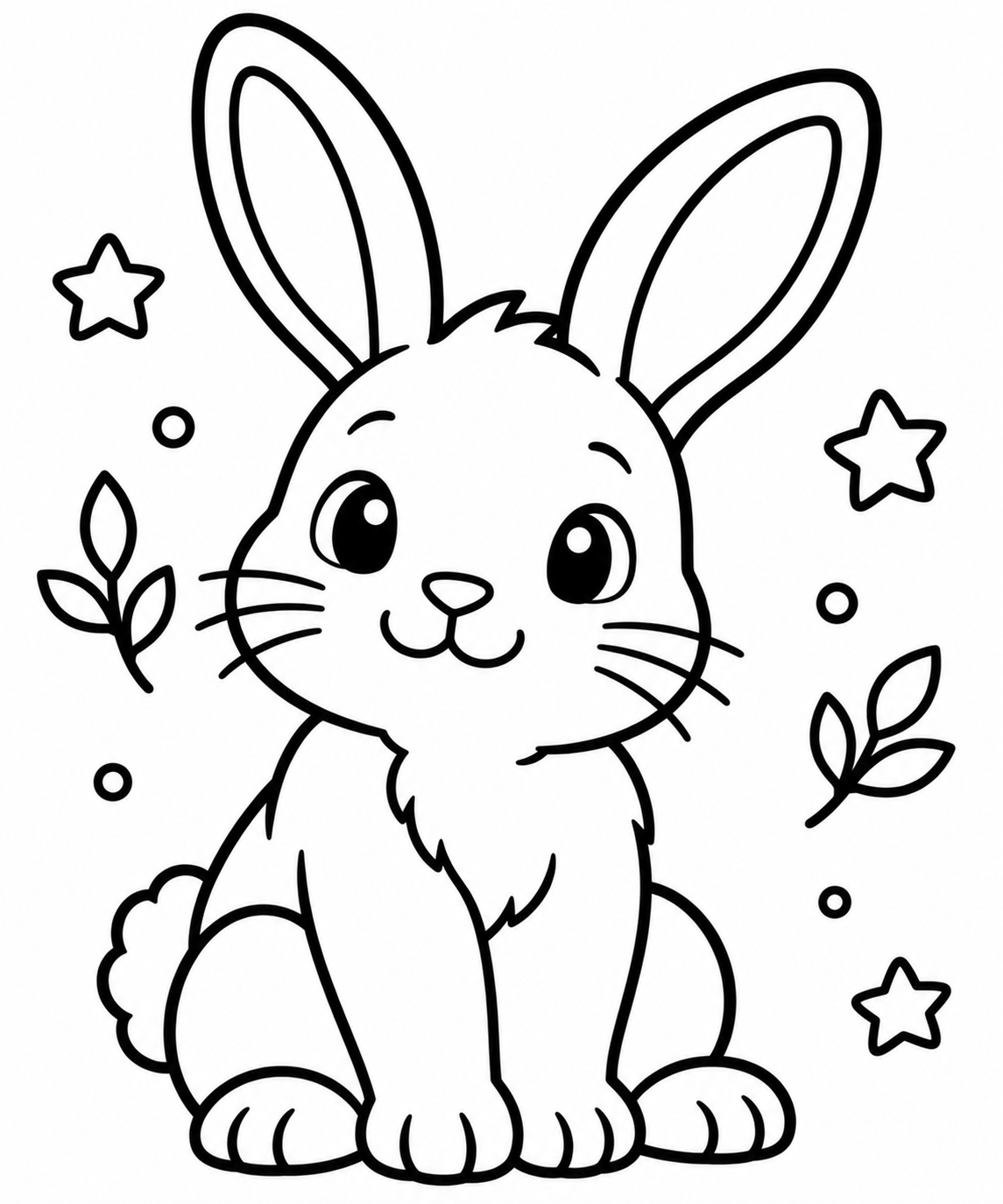 AI coloring page: Uroczy królik siedzący, wyrażnie rozpoznawalny po długich uszach i małym nosku.  — free printable line art