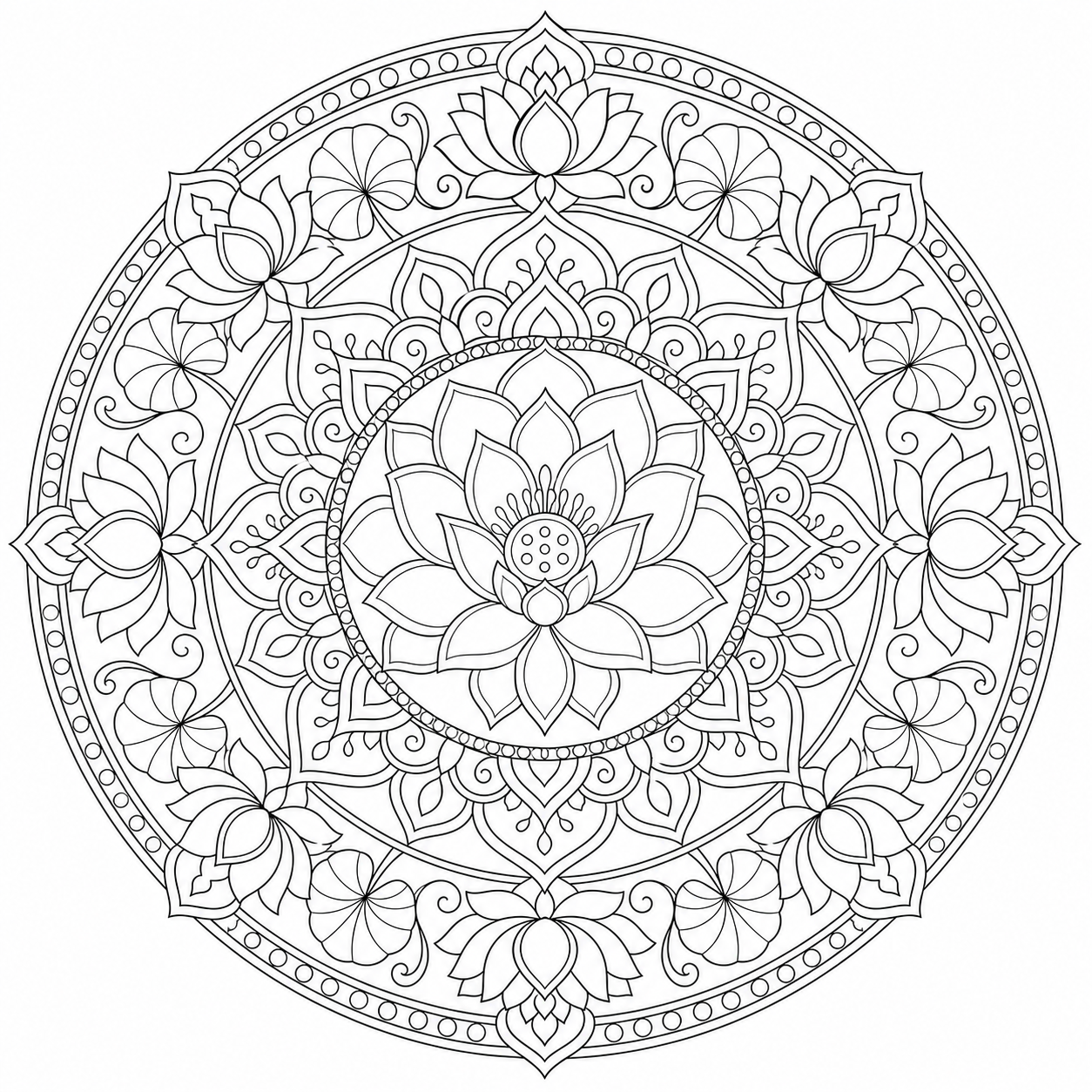 AI coloring page: a lotus flower mandala — free printable line art