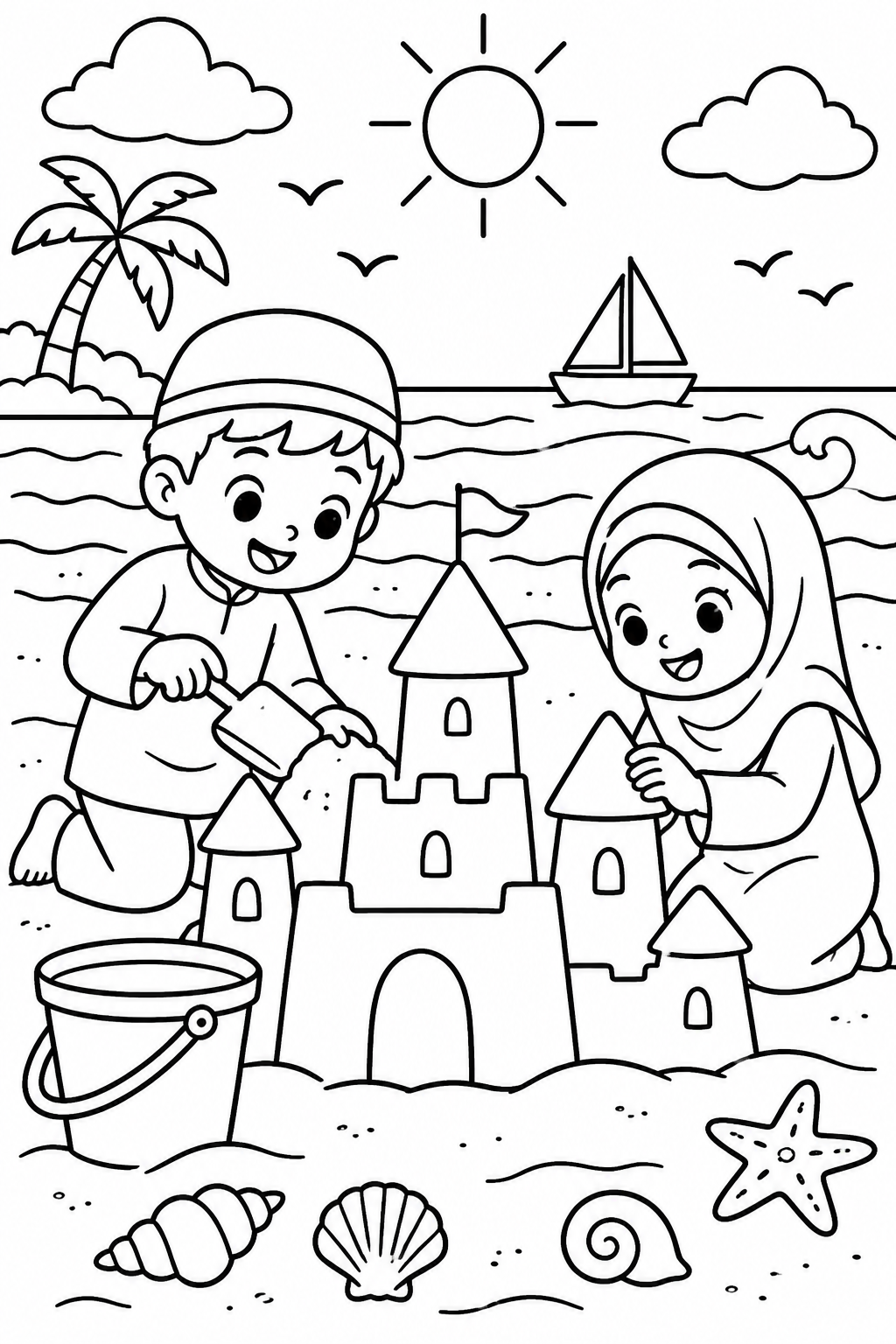 AI coloring page: Islamic coloring book page for children ages 3-8, black and white line art only, — free printable line art