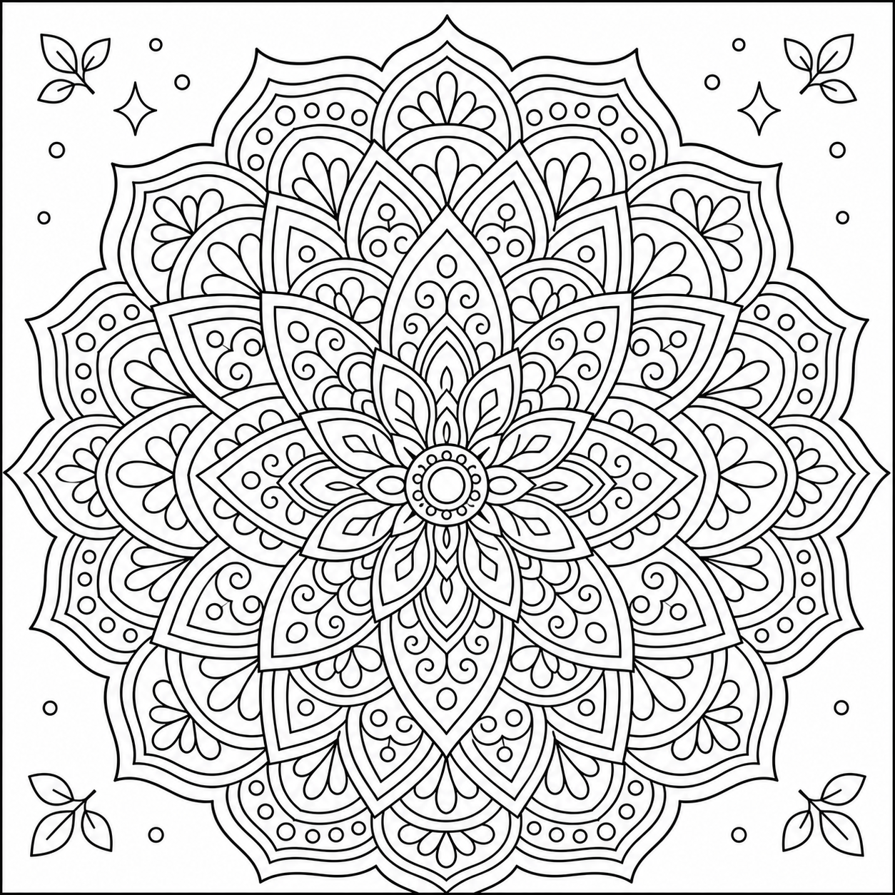Free AI coloring page: a geometric mandala with intricate patterns — black and white printable line art