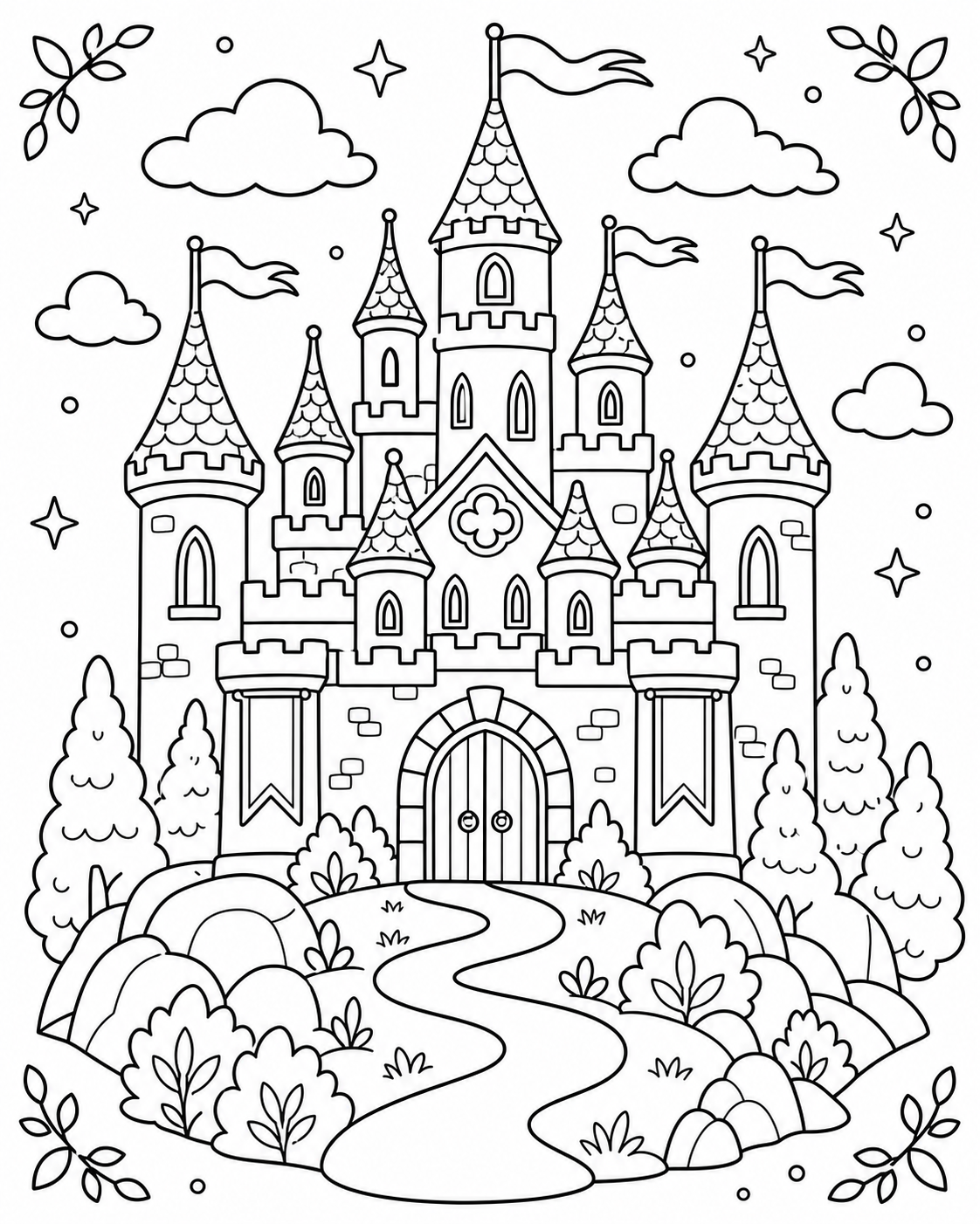 Free AI coloring page: a fairy tale castle on a hill — black and white printable line art
