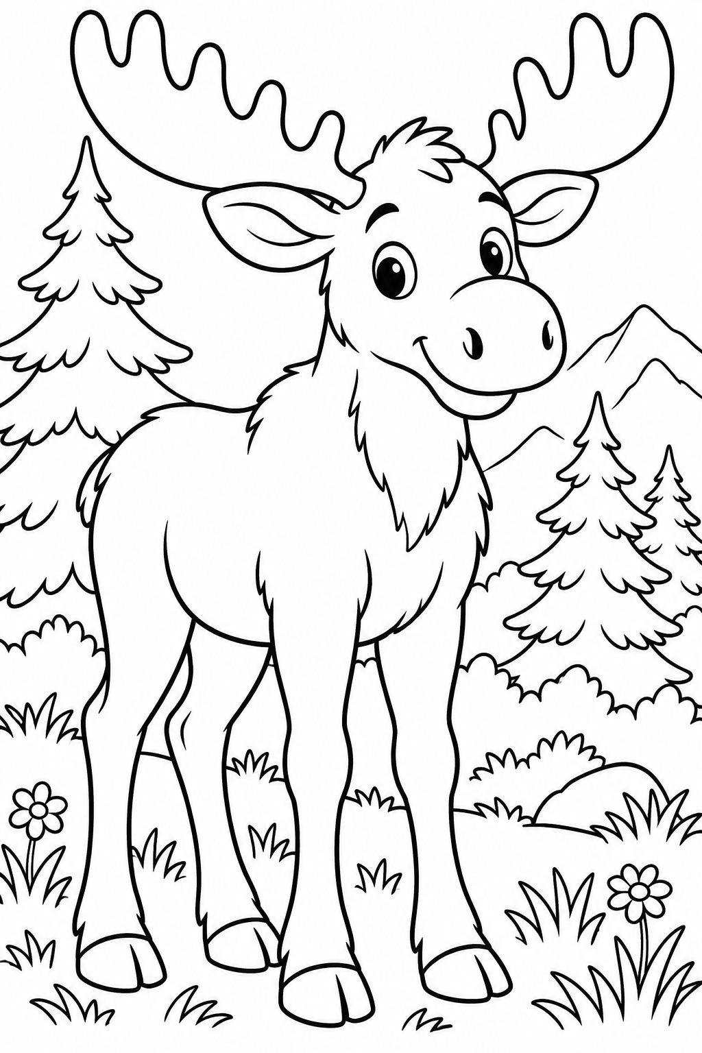 AI coloring page: Cute young moose standing in a peaceful woodland meadow with a few pine trees. K — free printable line art