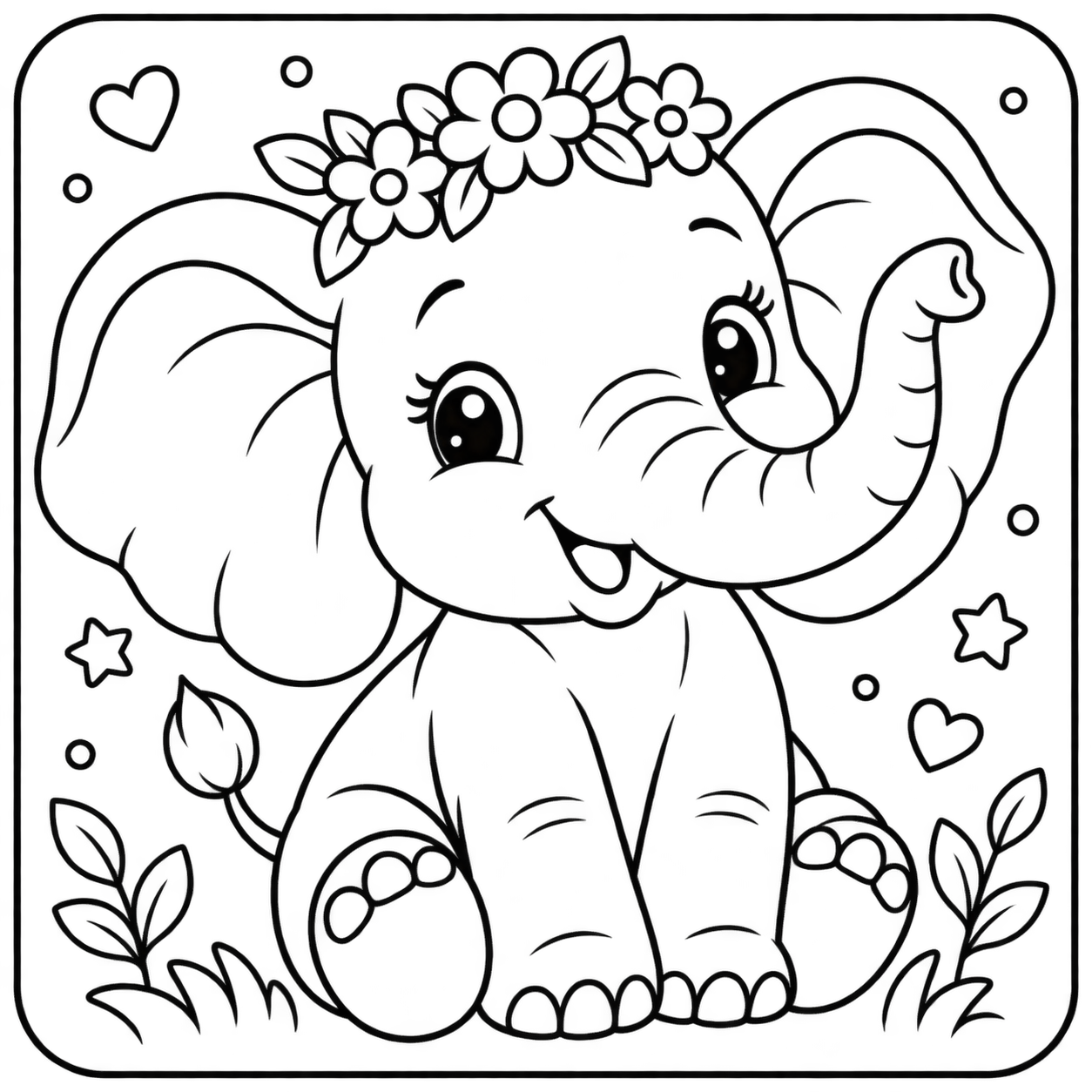 AI coloring page: I want you put in a square with round corners a drawing of elephant don’t put an — free printable line art