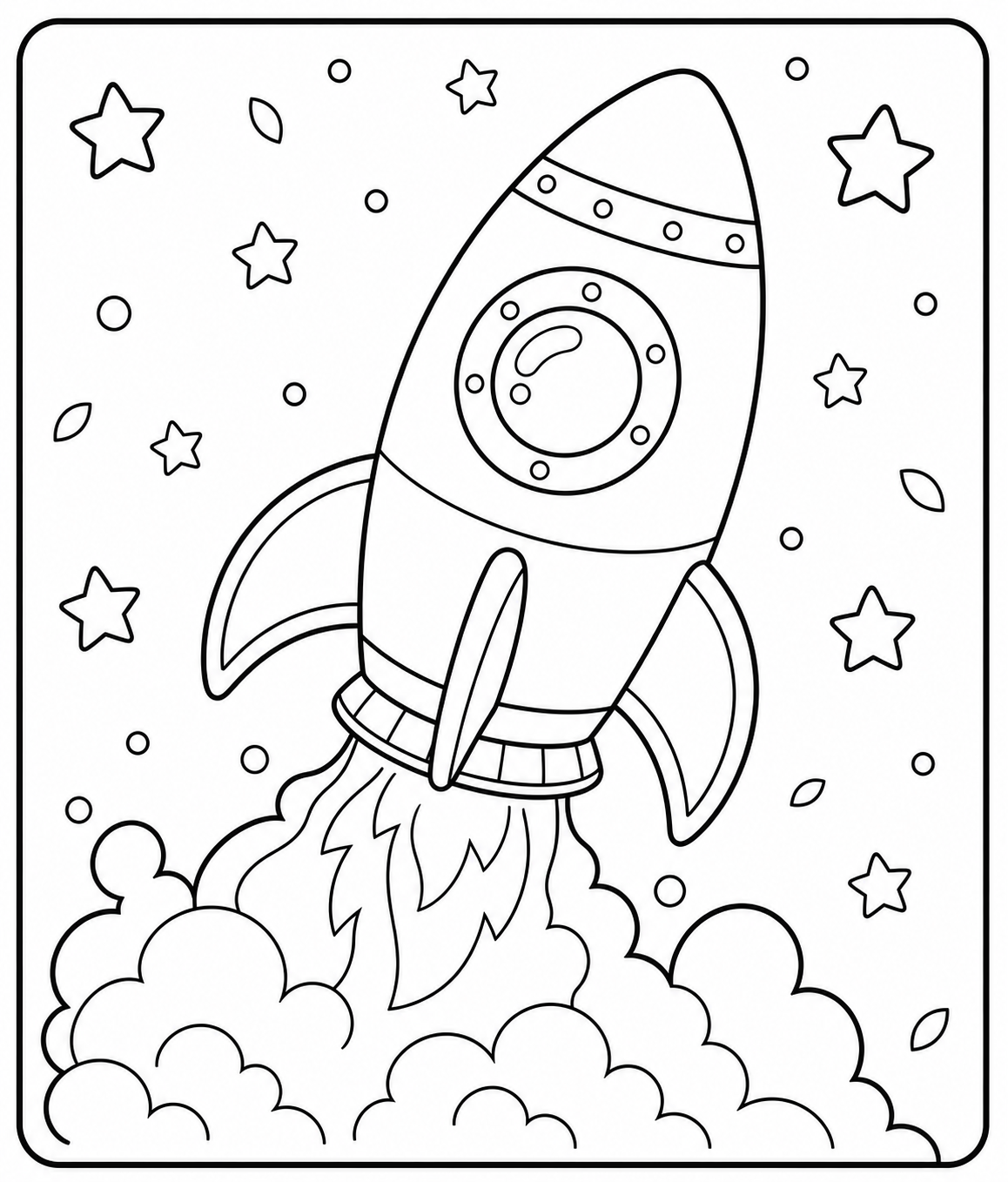 Free AI coloring page: a rocket ship launching into space — black and white printable line art