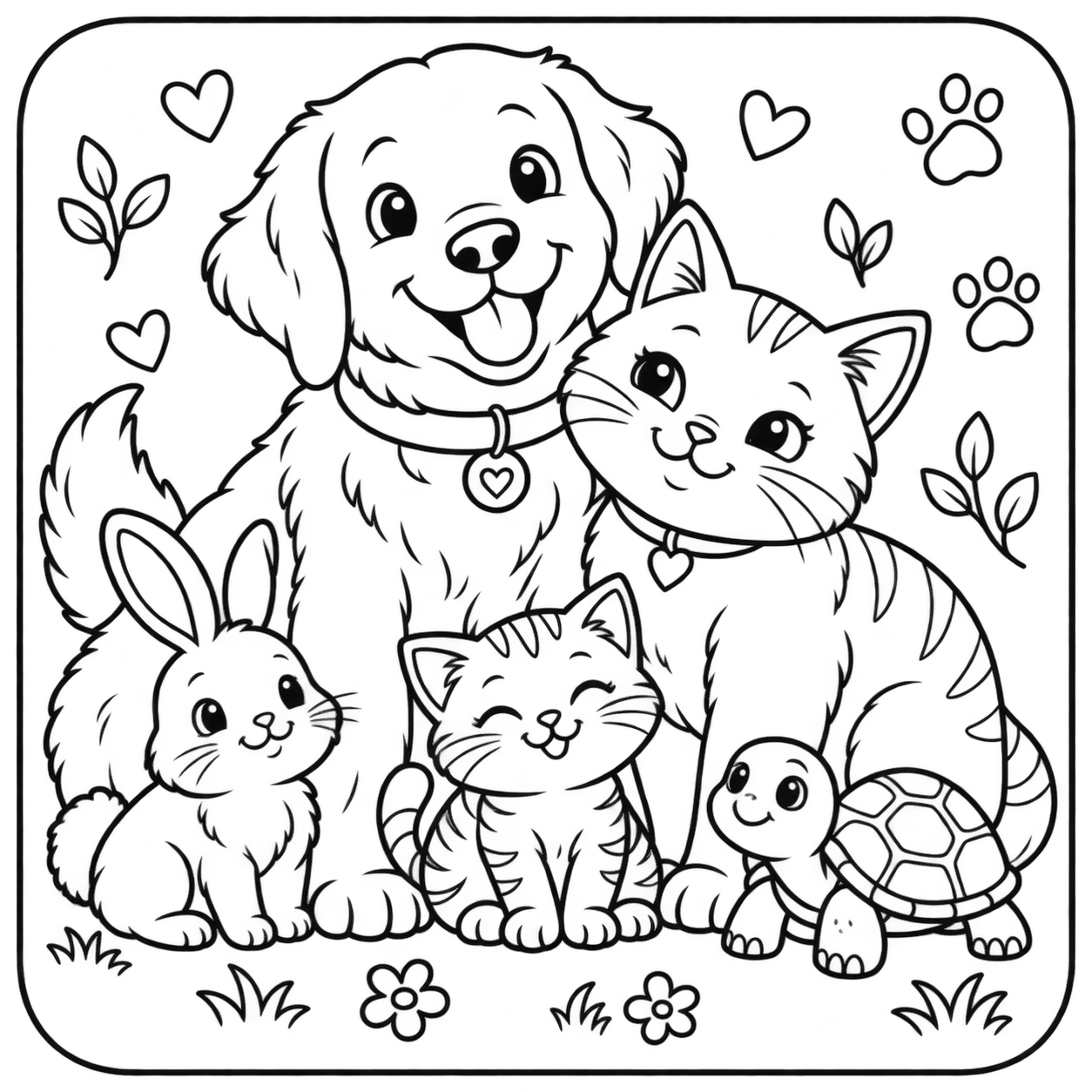 AI coloring page: I want you put in a square with round corners a drawing of a family animal pictu — free printable line art