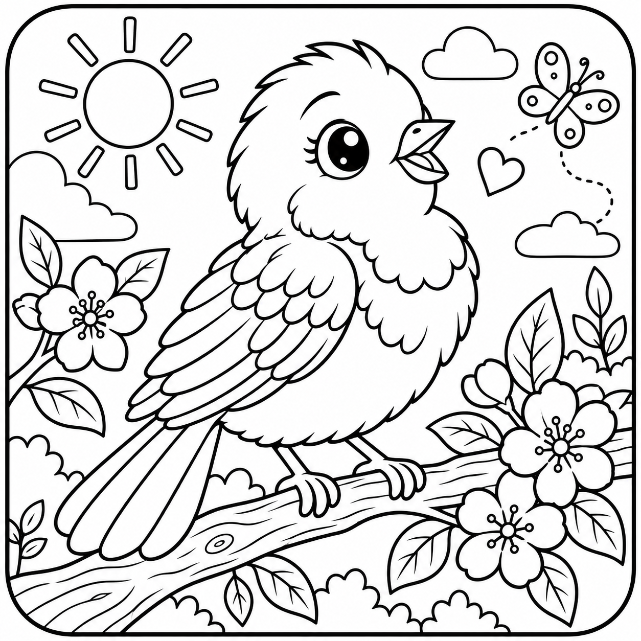 AI coloring page: I want you put in a square with round corners a drawing of a bird don’t put any  — free printable line art