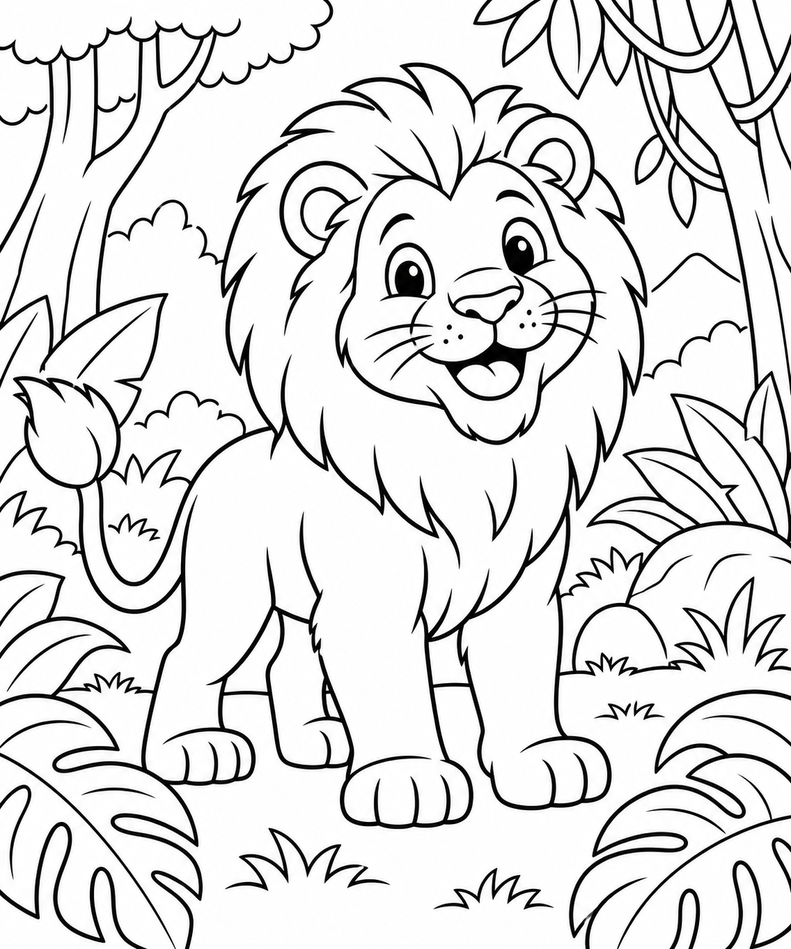 AI coloring page: A cute friendly lion exploring a jungle, surrounded by a few large tropical leav — free printable line art
