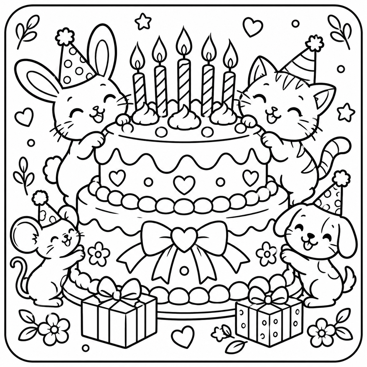 AI coloring page: I want you put in a square with round corners a drawing of a birthday cake with  — free printable line art