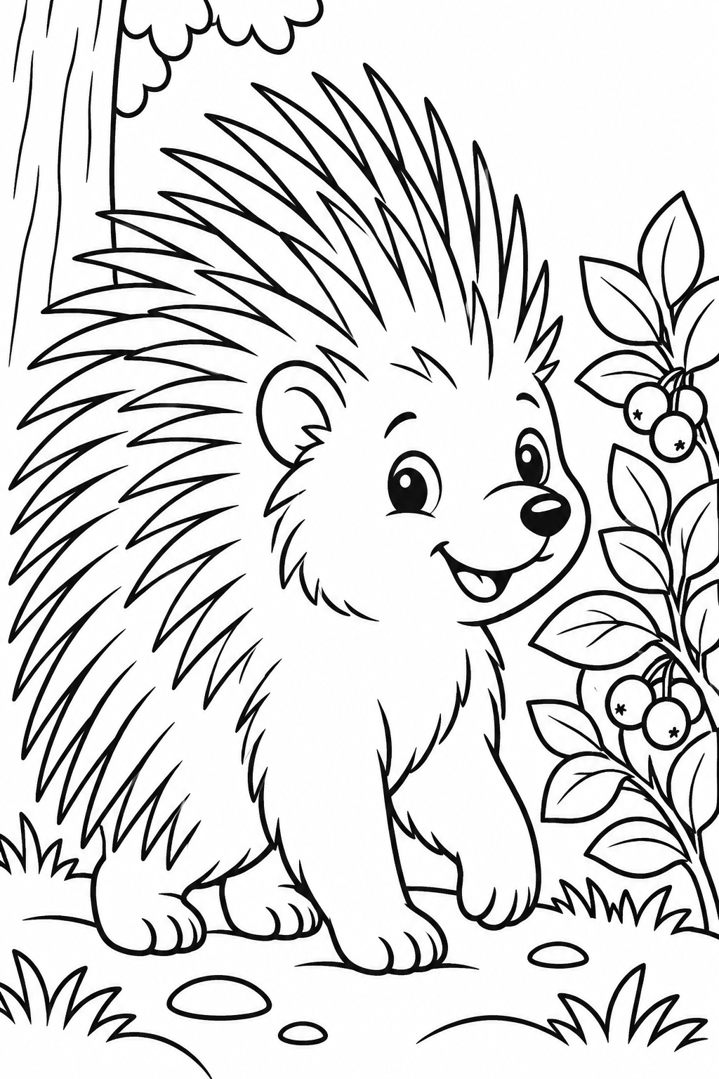 AI coloring page: Cute smiling porcupine walking beside a small bush with a few berries. Kids colo — free printable line art