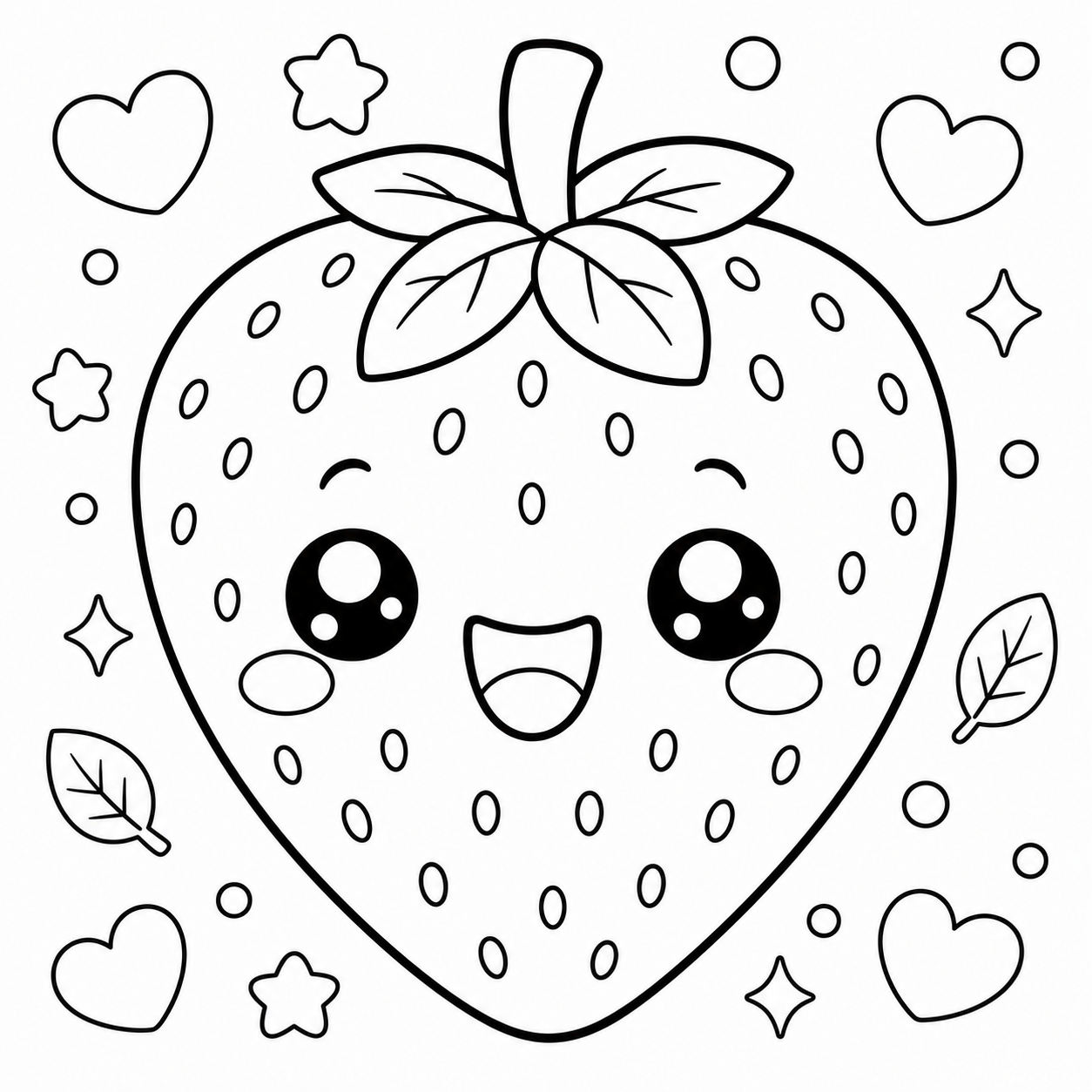 Free AI coloring page: a kawaii strawberry with a face — black and white printable line art