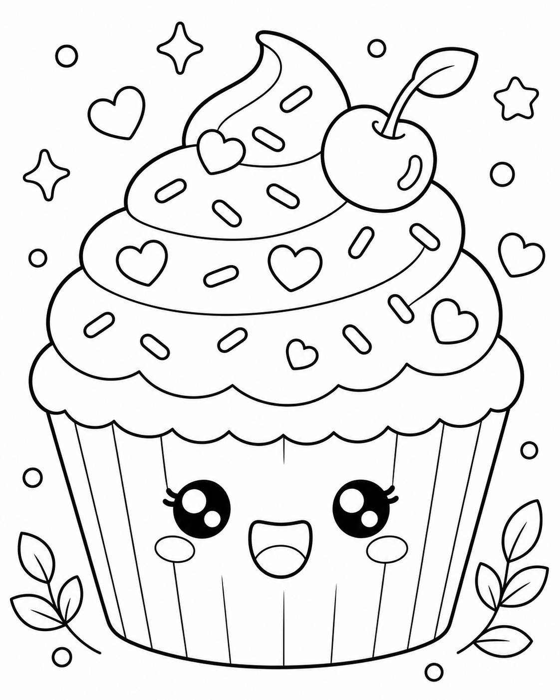 Free AI coloring page: a kawaii cupcake with a happy face — black and white printable line art