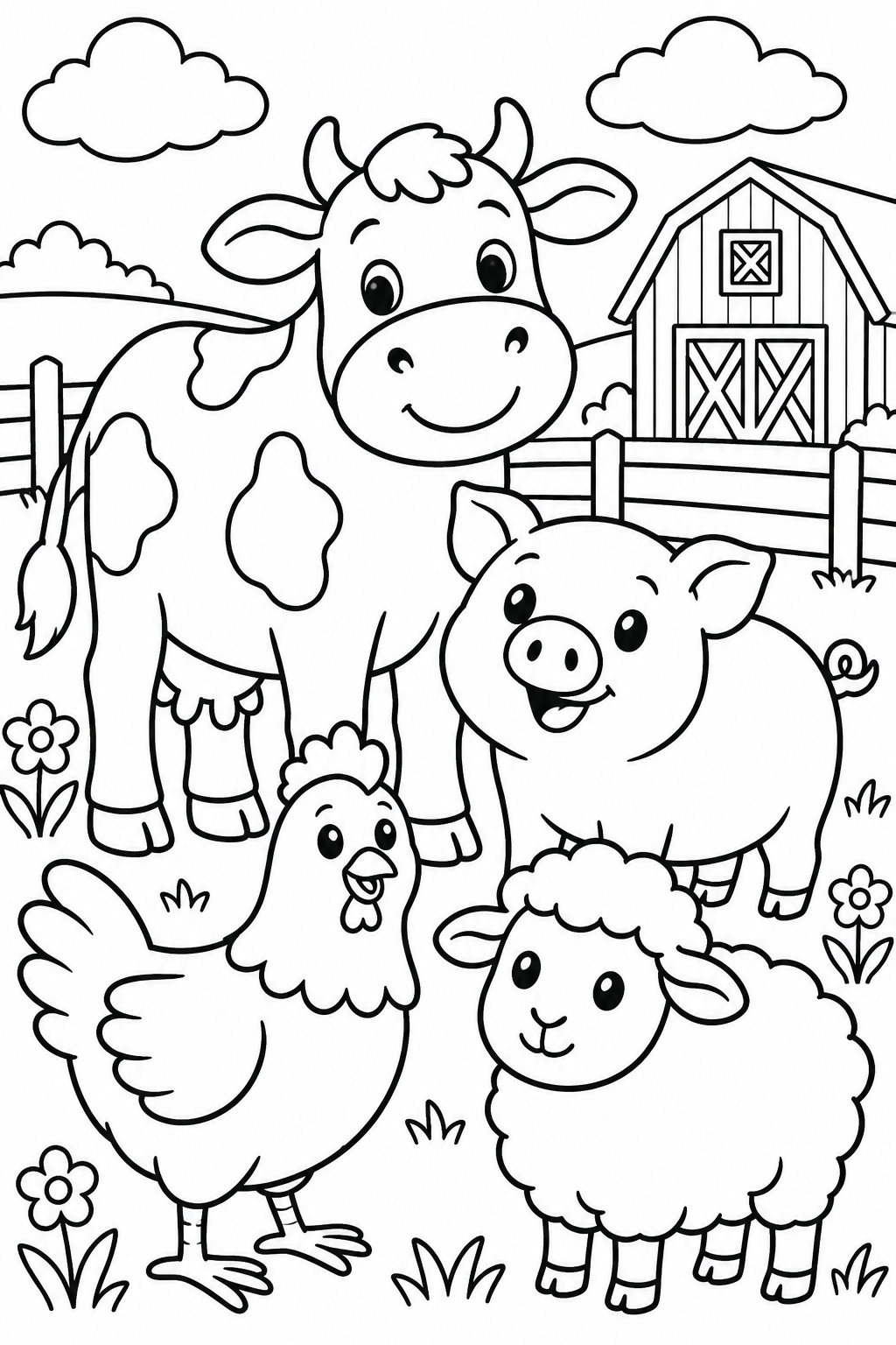 AI coloring page: Cute cow, pig, chicken and sheep enjoying a simple day on a farm. Include a smal — free printable line art