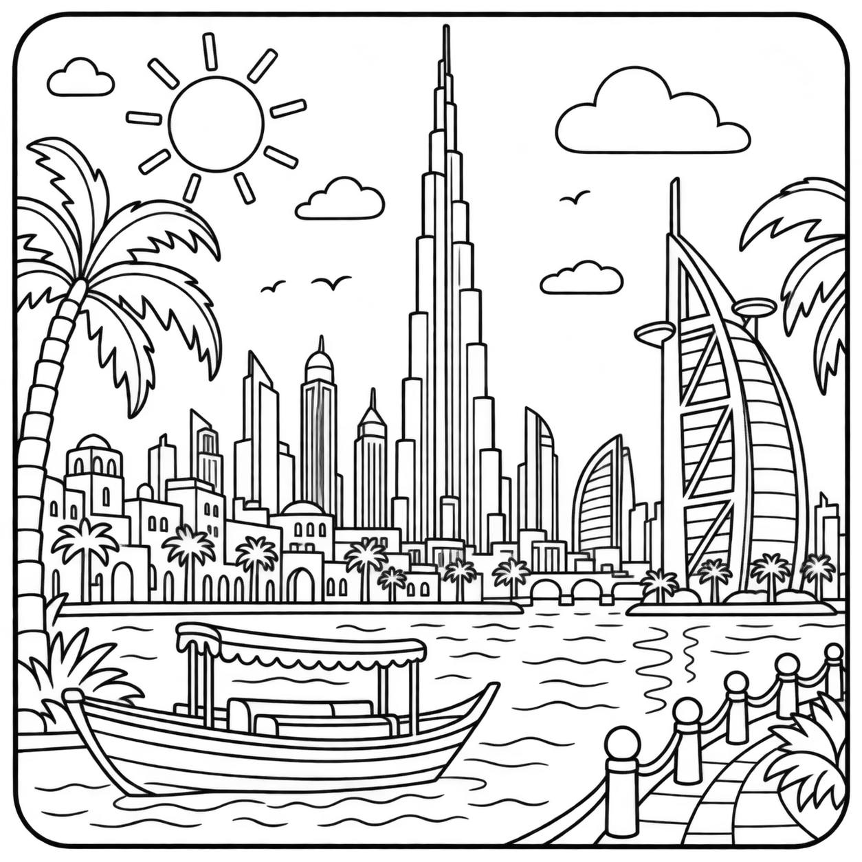 AI coloring page: I want you put in a square with round corners a drawing of Dubai don’t put any c — free printable line art