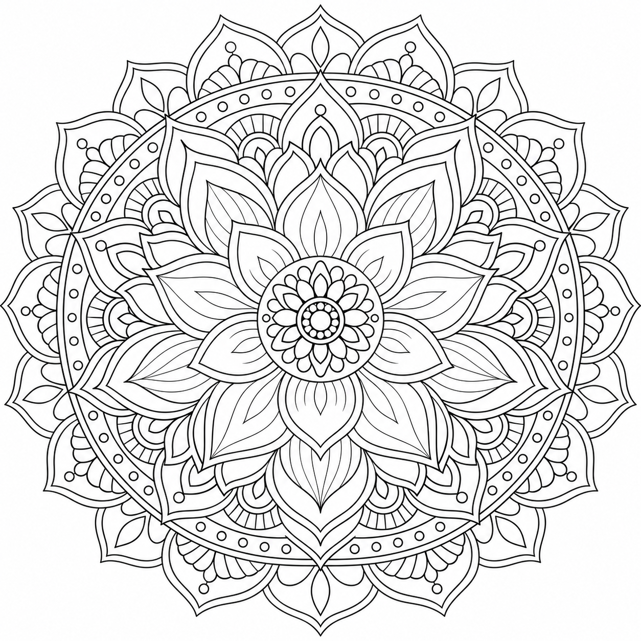 AI coloring page: a lotus flower mandala — free printable line art